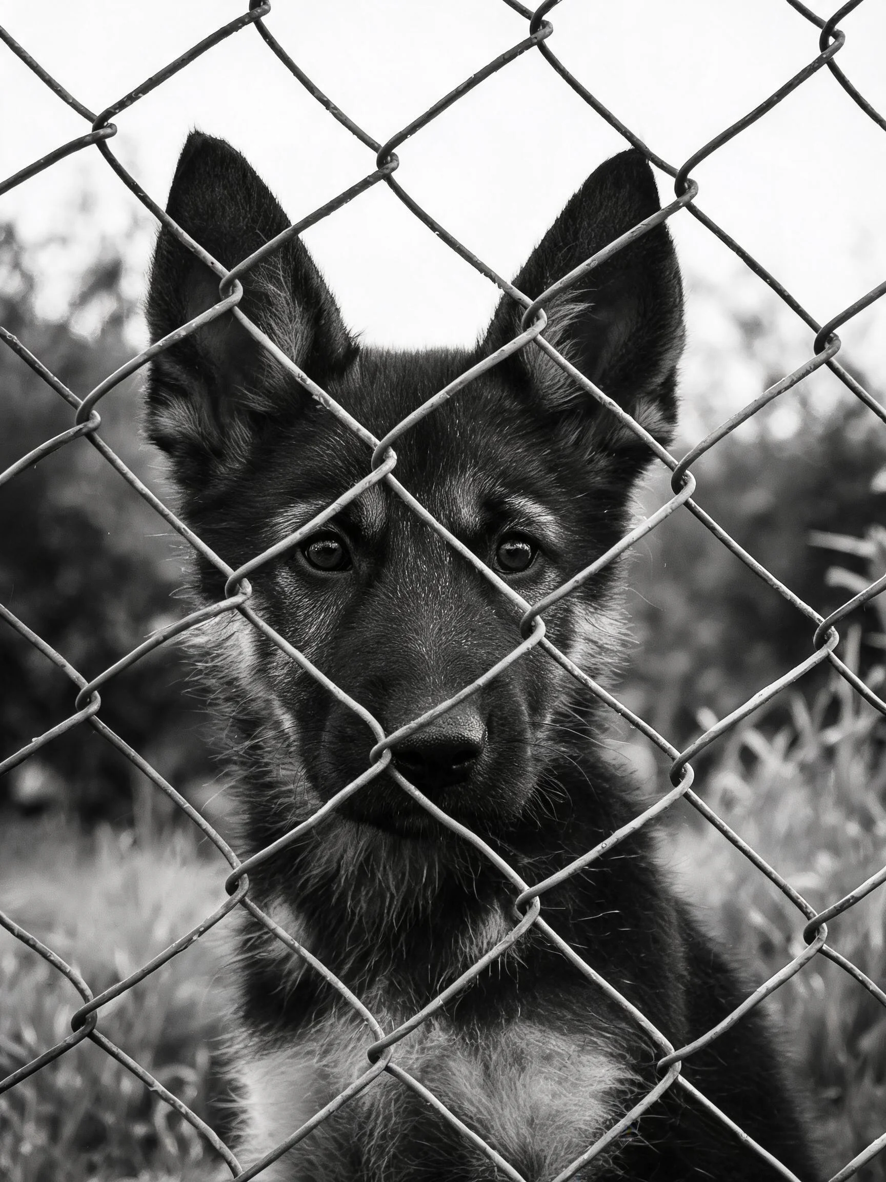 一只德国牧羊犬幼犬透过菱形铁丝网,黑白毛发与网格形成对比,眼神专注看向镜头。