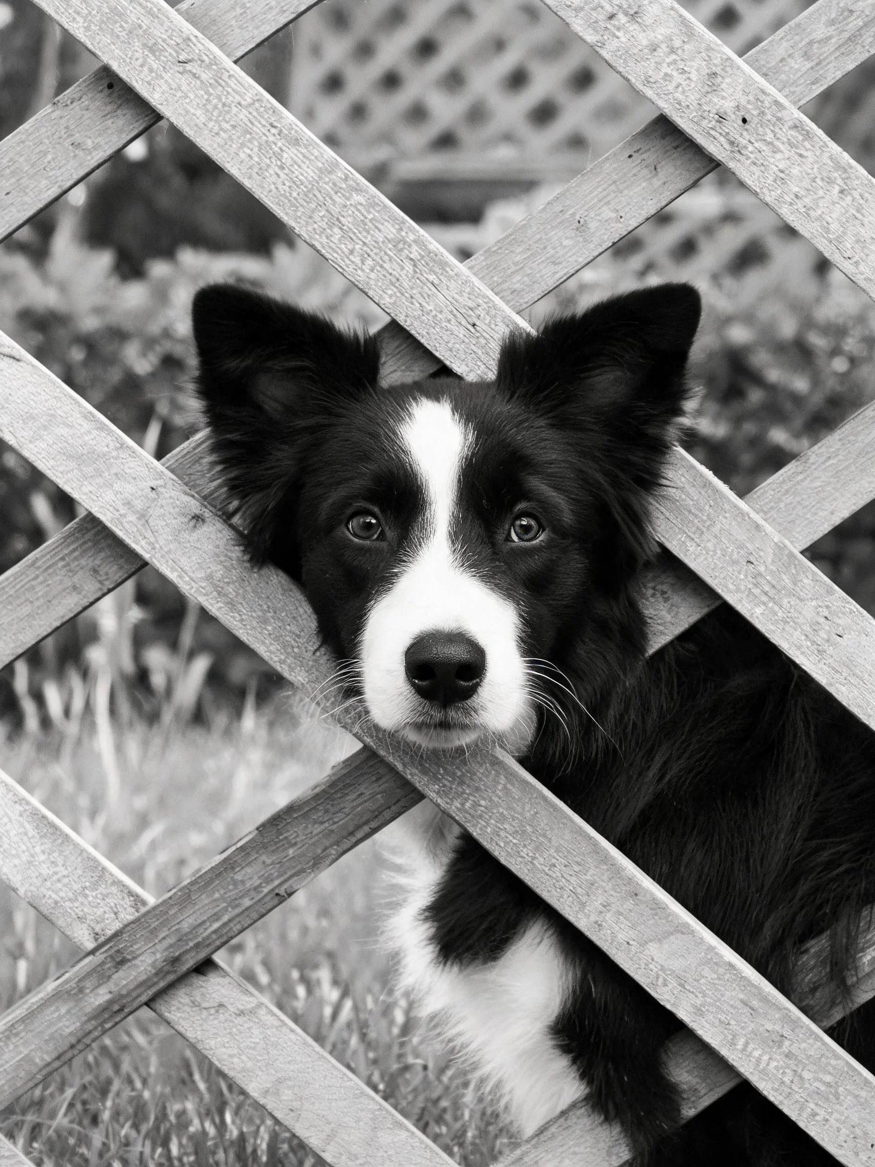 边境牧羊犬黑白相间的毛发贴在木栅栏处,眼神专注凝视镜头。