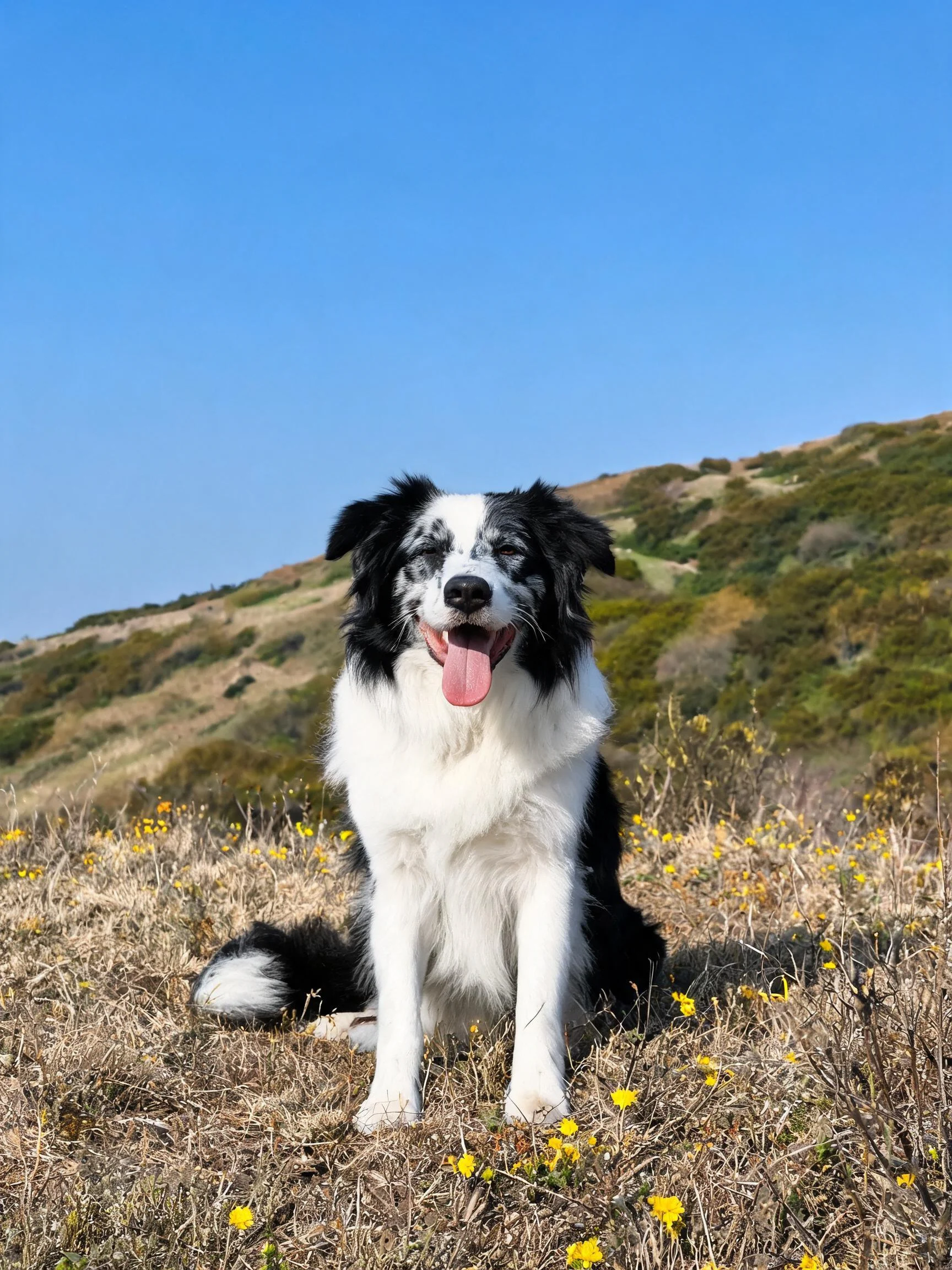 边境牧羊犬黑白相间的蓬松毛发,粉红色舌头伸出,姿态放松。