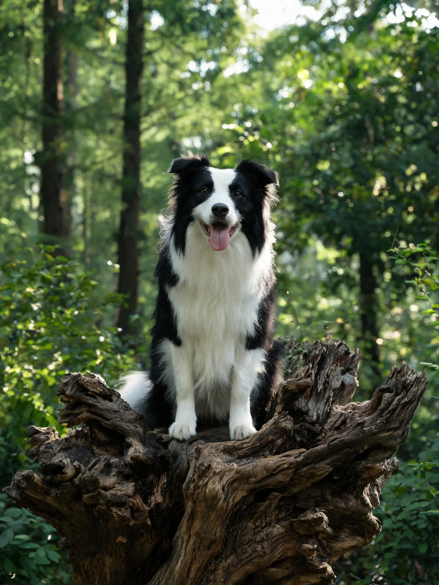 一只黑白毛色的边境牧羊犬正坐在森林中的枯木上,嘴巴张开露出舌头,周围是茂密的树林。