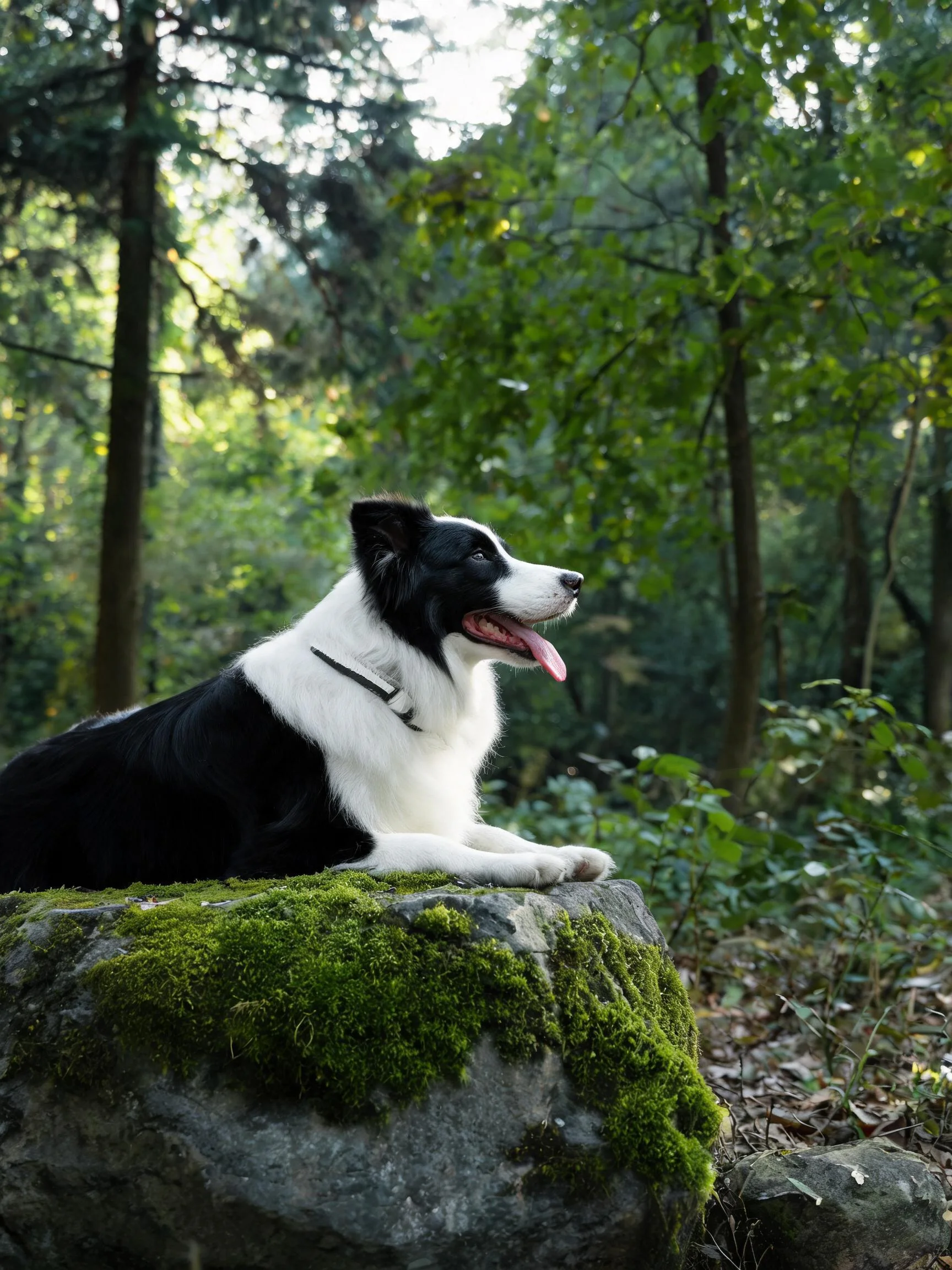 黑白边境牧羊犬趴在长满青苔的石块上,嘴巴张开露出湿润的舌头,身处茂密森林环境中。