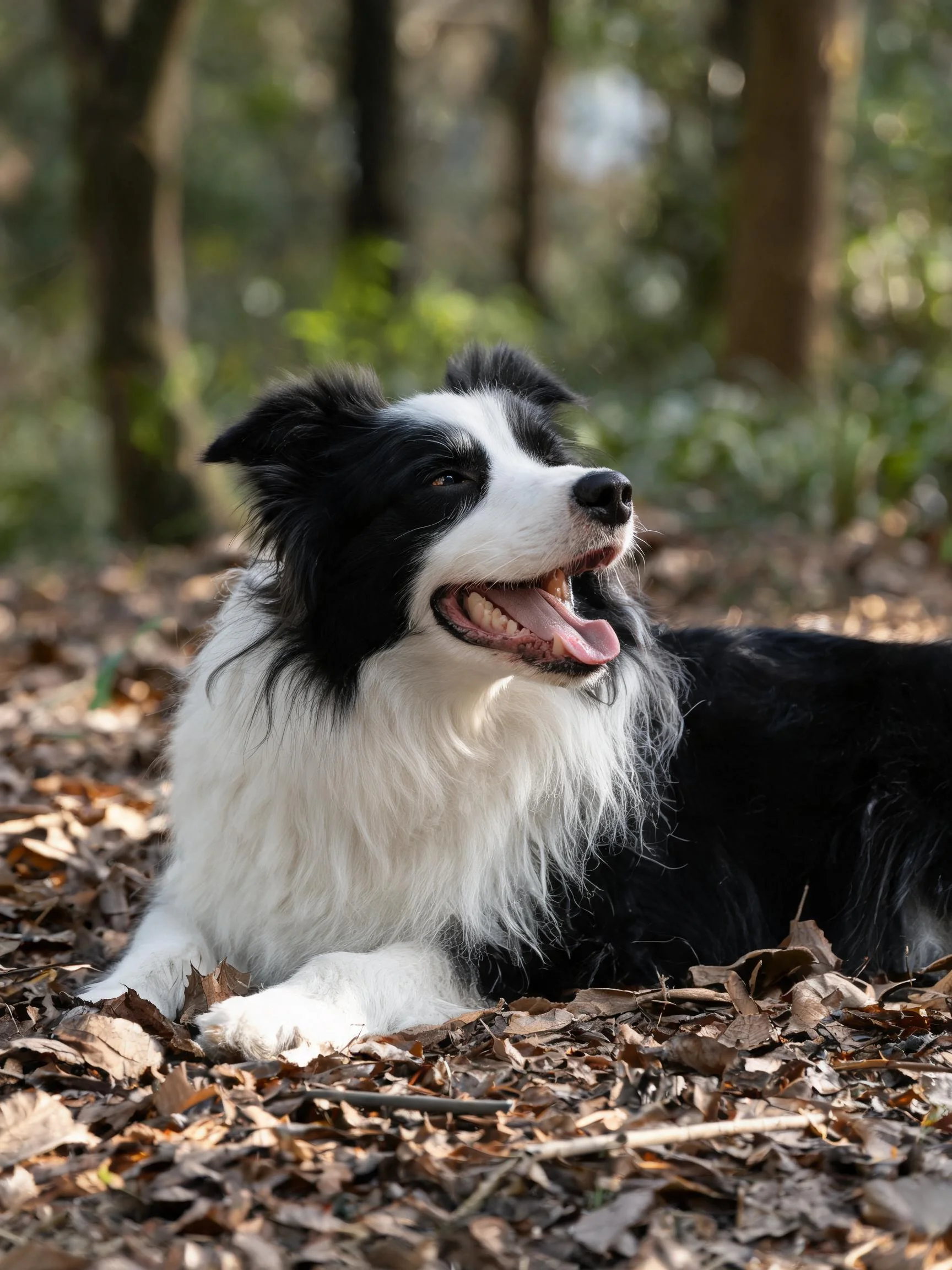 一只黑白毛色的边境牧羊犬趴在林间落叶上,嘴巴张开露出舌头,毛发蓬松柔软。