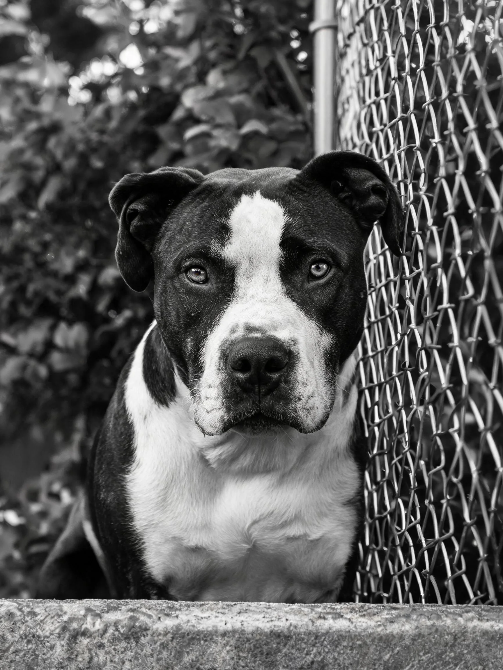 一只黑白相间的比特犬正安静地坐在铁丝网旁边,湿润的鼻尖和短而紧实的毛发清晰可见。