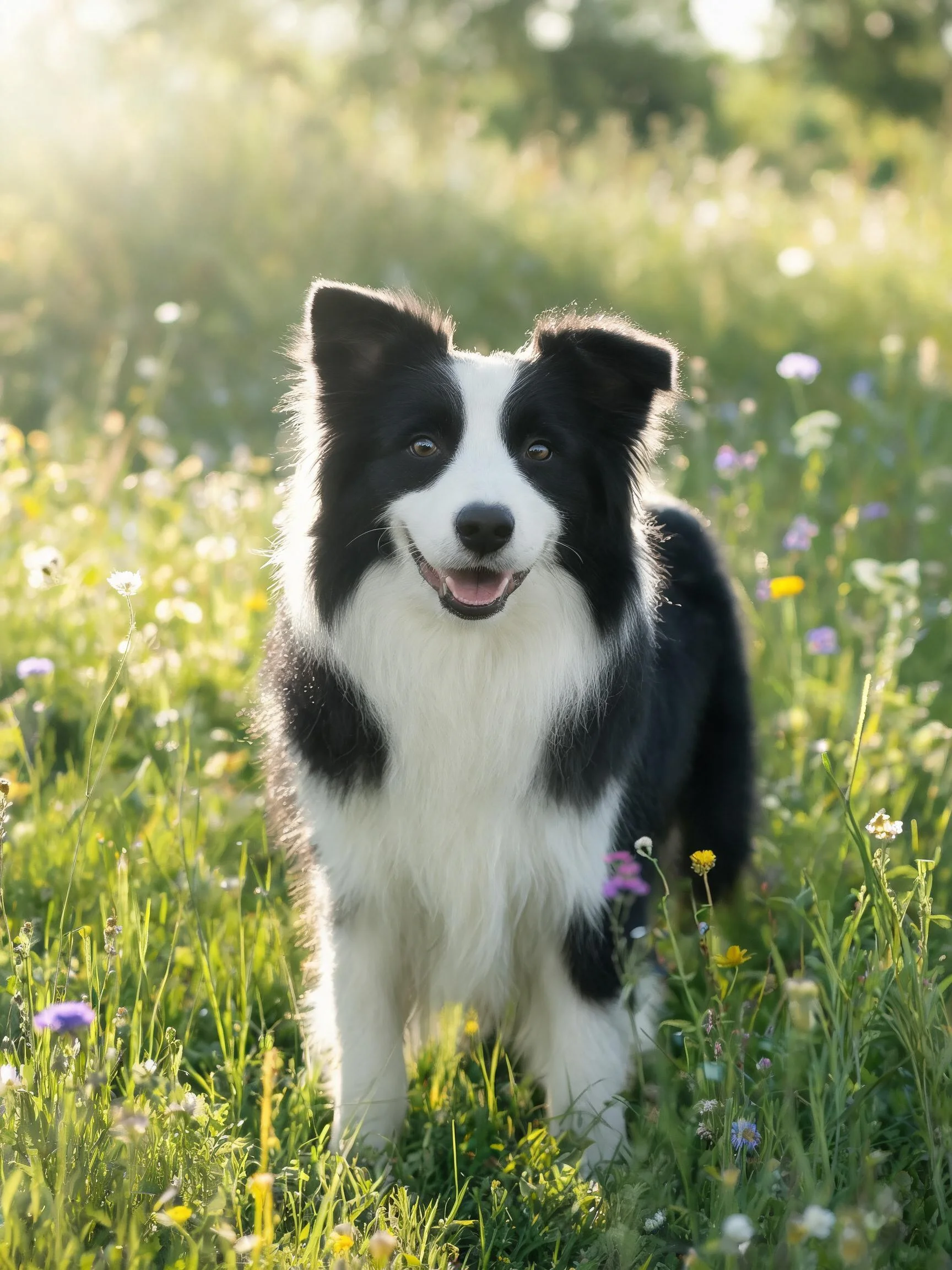 边境牧羊犬站在花草丛生的草地上，黑白相间的毛发清晰可见。