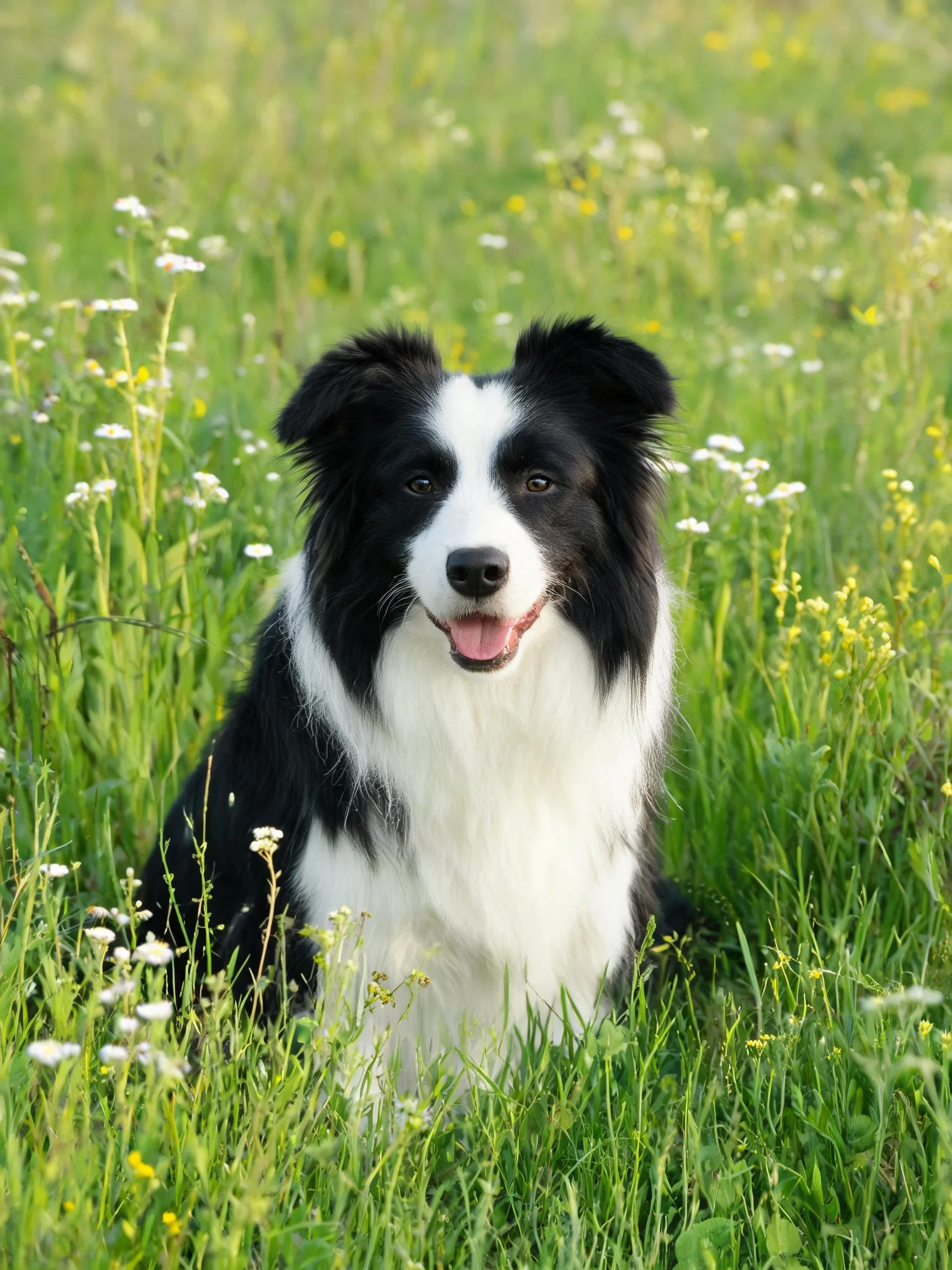 边境牧羊犬安静地坐在花草繁茂的草地上,黑白相间的毛发清晰可见,粉红色舌头舒展。