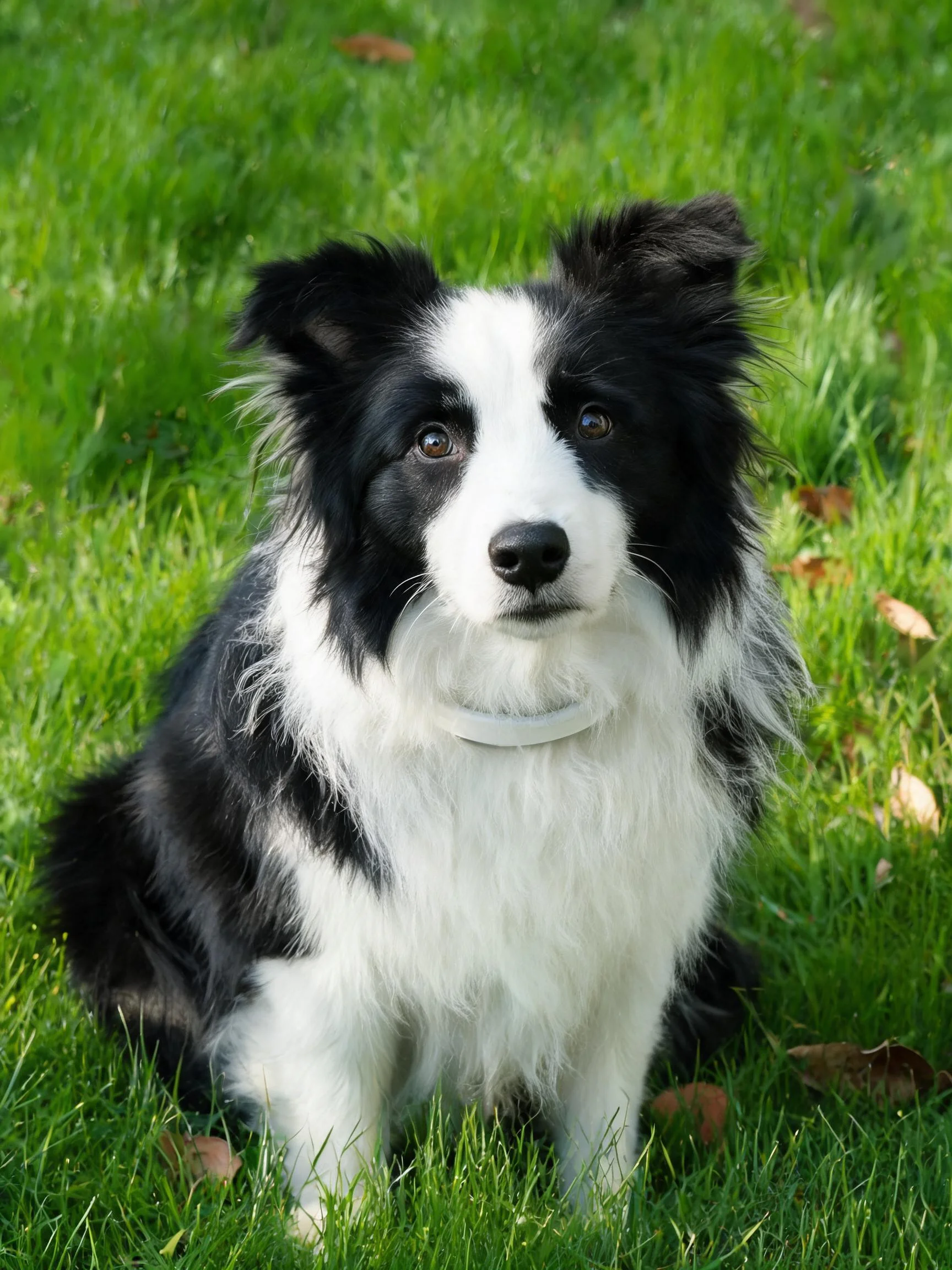 一只黑白相间的边境牧羊犬安静坐在草地上,眼神专注,黑白被毛清晰可见。
