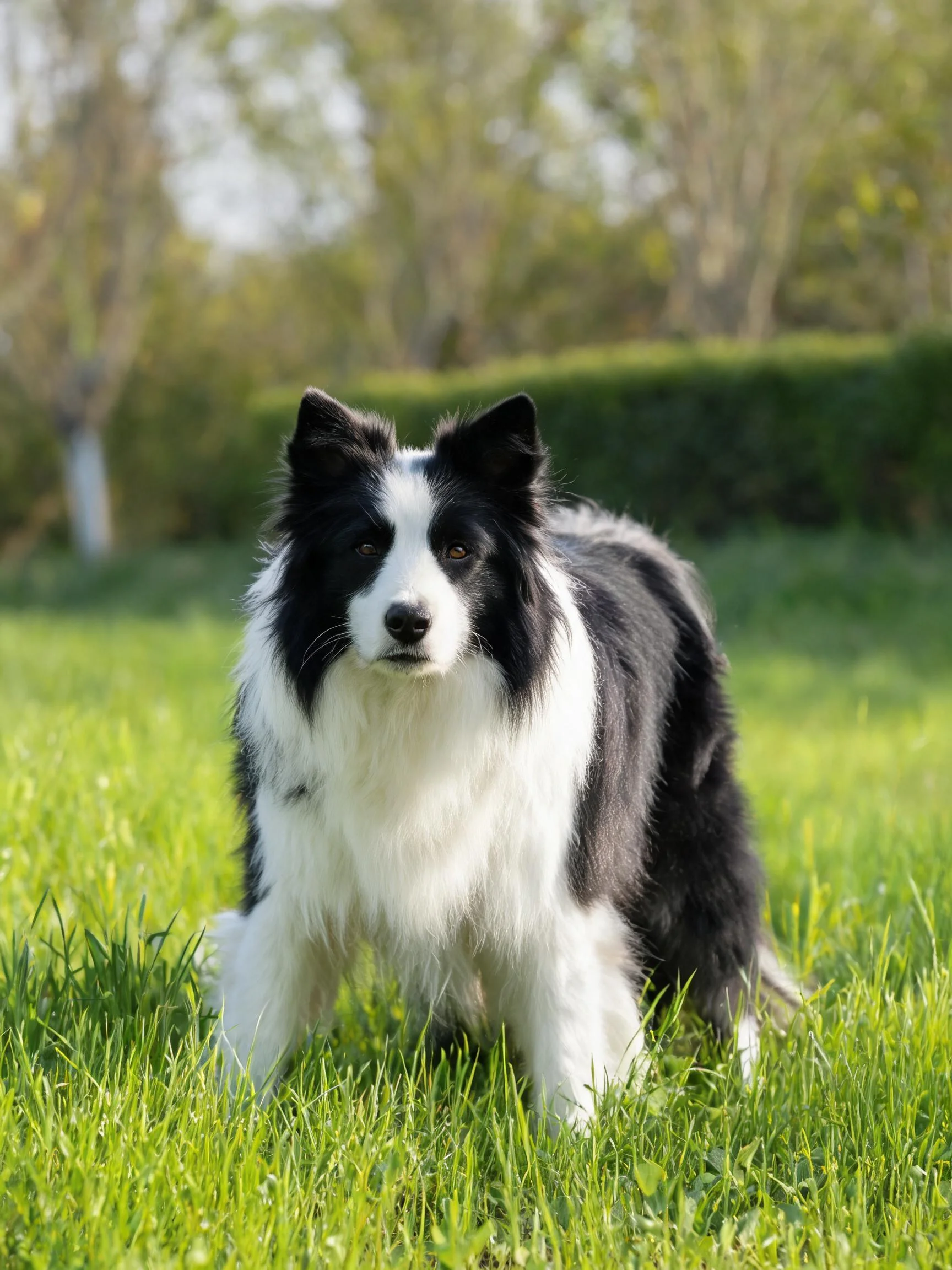 黑白边境牧羊犬站立在草地上,黑白相间的被毛清晰可见,耳朵呈警觉状态。