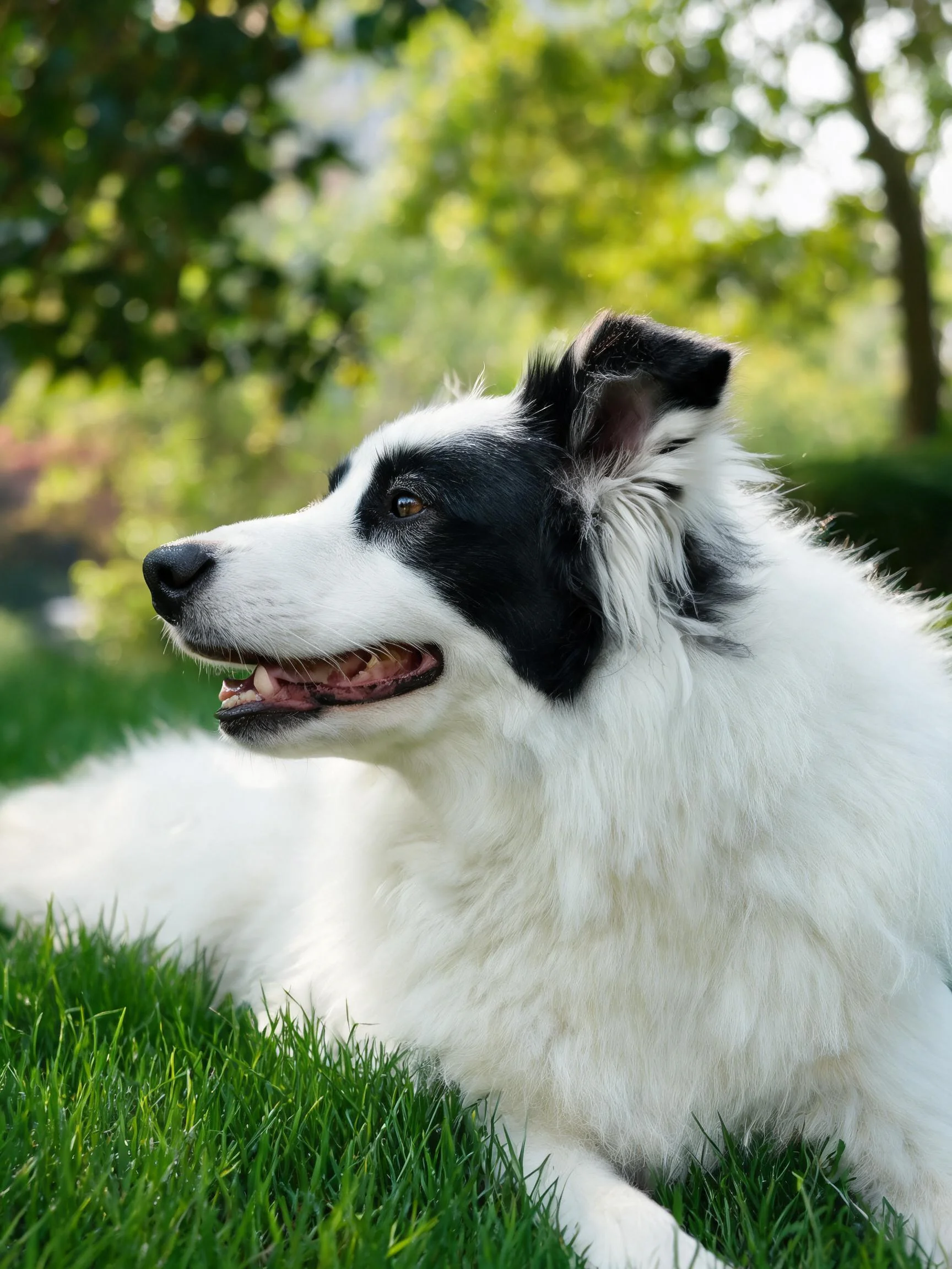 边境牧羊犬黑白相间的毛发在光下显得格外清晰,耳朵微微抬起,眼神专注。