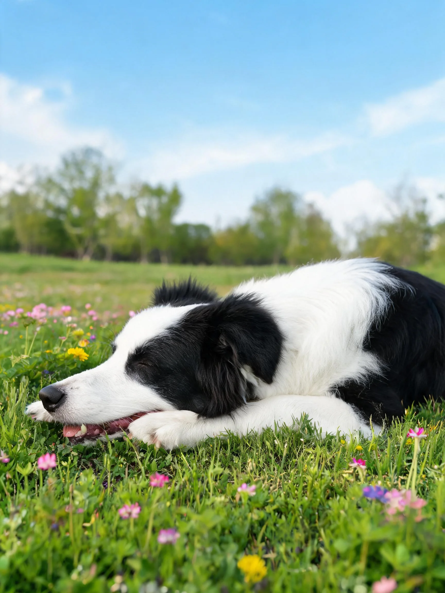 边境牧羊犬黑白相间的毛发柔软贴在草地上,嘴巴微张露出粉色舌头。