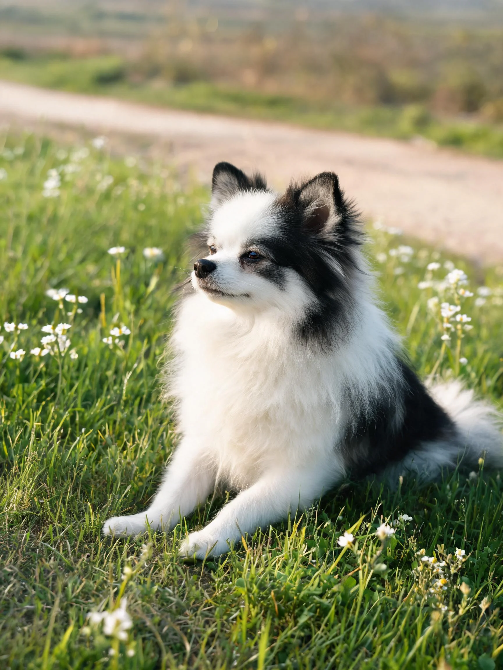 一只黑白相间的博美犬,毛发蓬松洁白,安静地坐在点缀着小白花的绿色草地上。