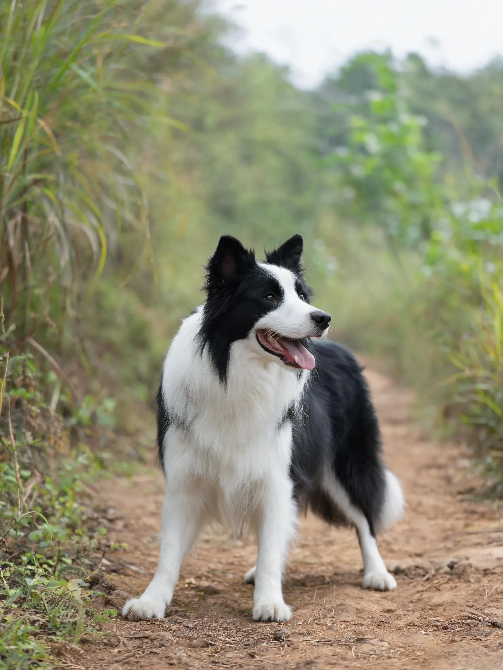 边境牧羊犬黑白相间的毛发,舌头微微伸出,处于青草地间的小径上。