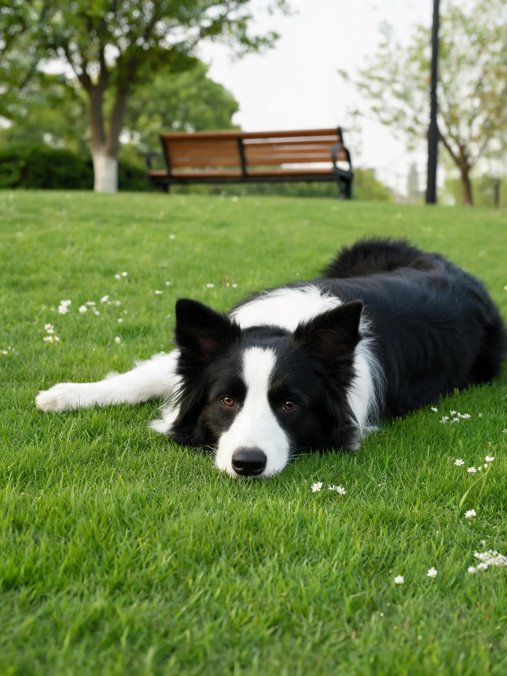 一只黑白相间的边境牧羊犬正安静地趴在草地上,毛发柔软贴在草面。