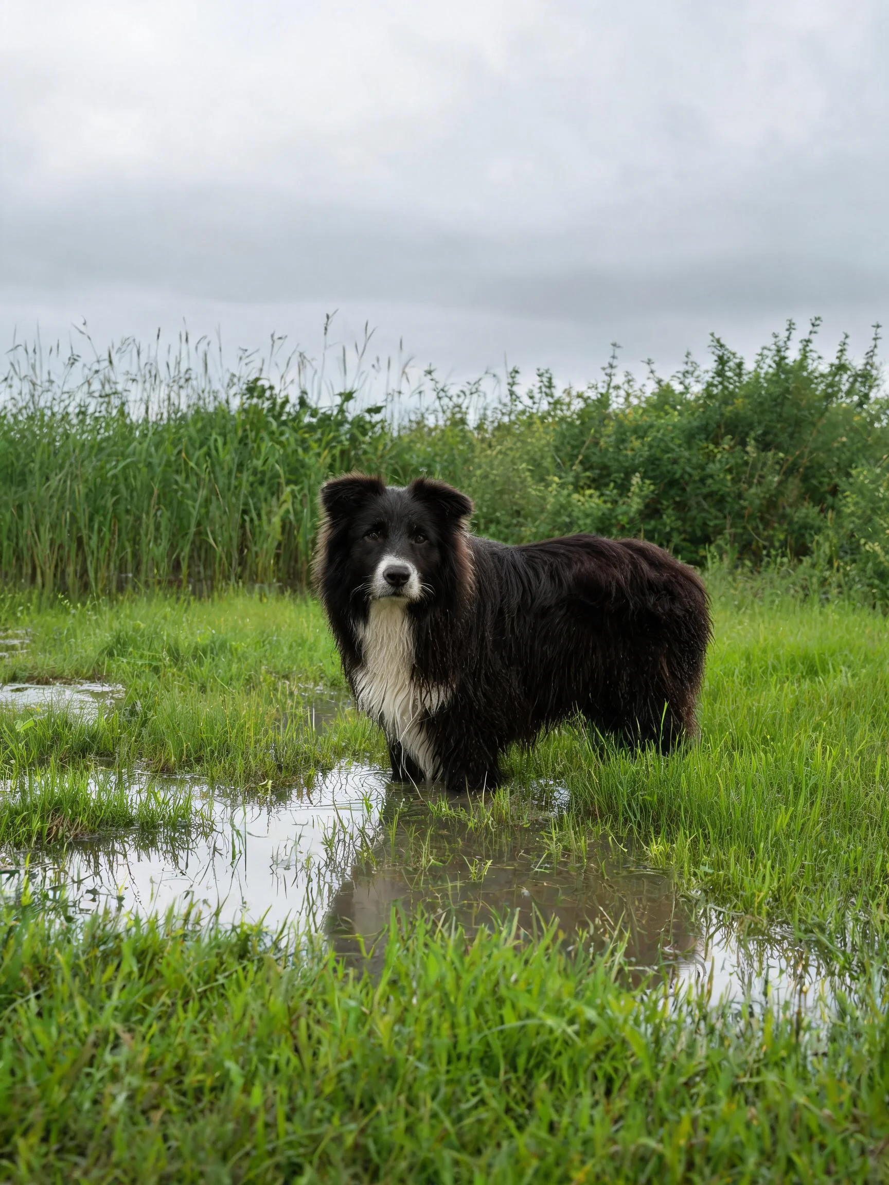 一只黑白相间的边境牧羊犬站在湿地积水处,黑色的毛发沾有水珠,周围是茂密草丛。
