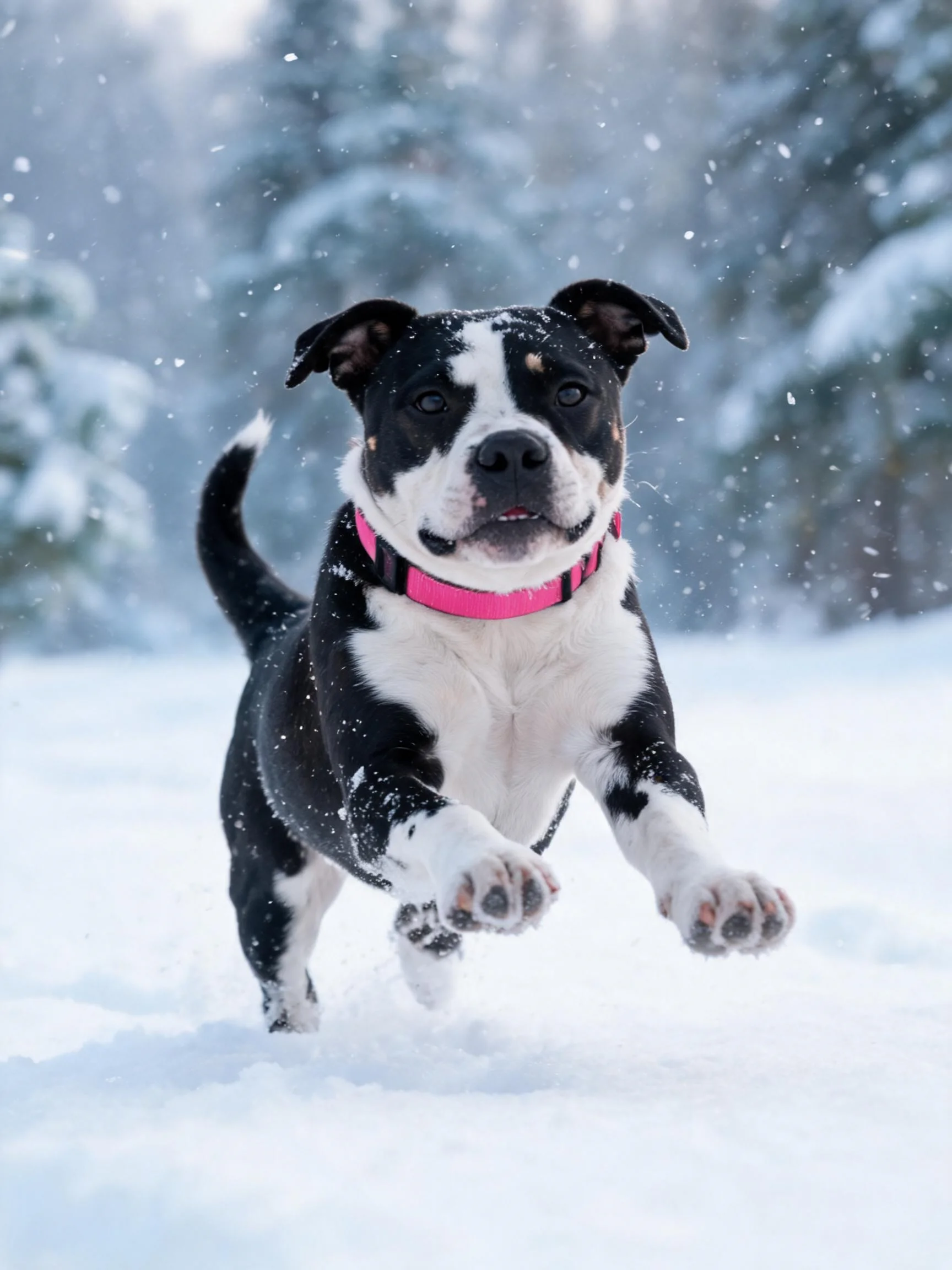 黑白比特混血犬在雪地中奔跑，爪子上沾有积雪，展现出活泼的姿态。