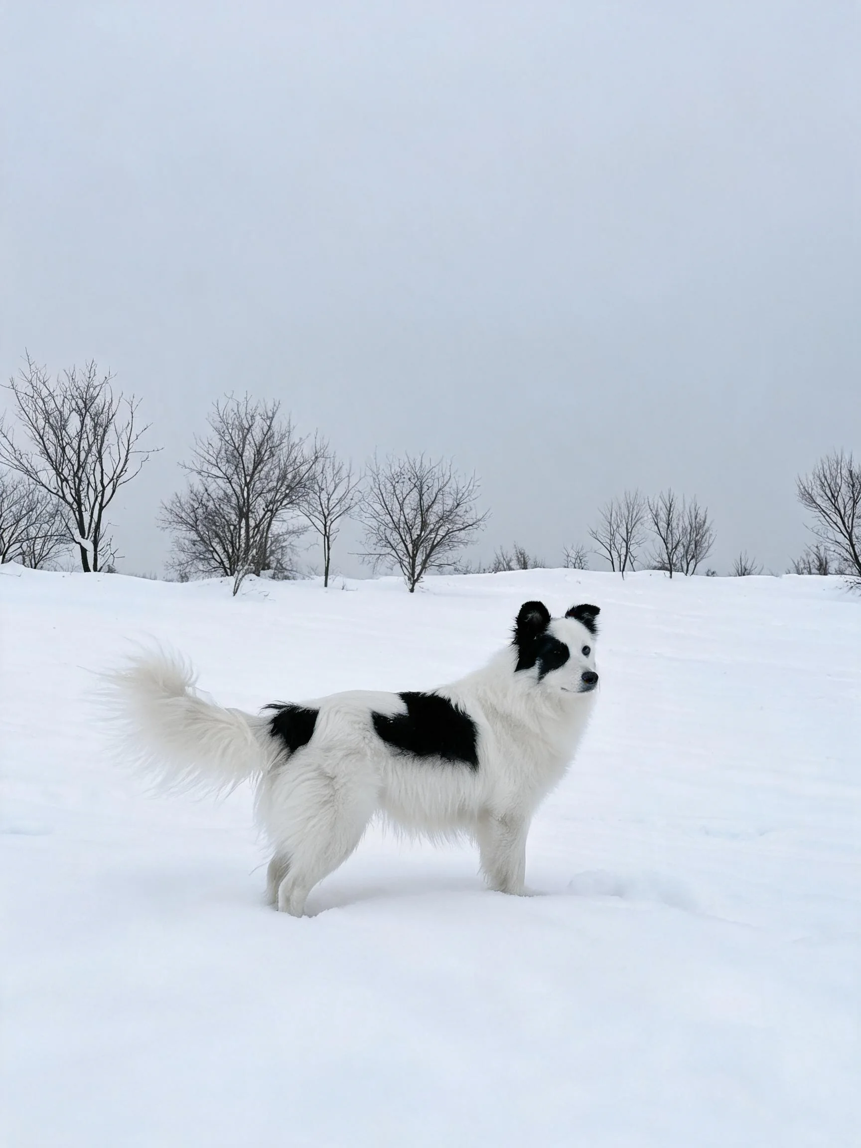 一只黑白毛色的边境牧羊犬站在雪地上,它有着蓬松的白色被毛和明显的黑色斑块,耳朵竖立着注视前方。