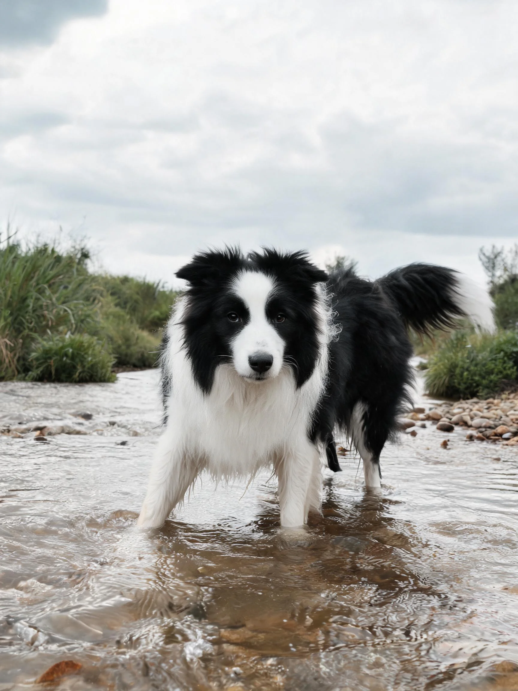 黑白边境牧羊犬站在浅溪中,毛发湿润贴在额头上,周围环绕着溪流与植被。