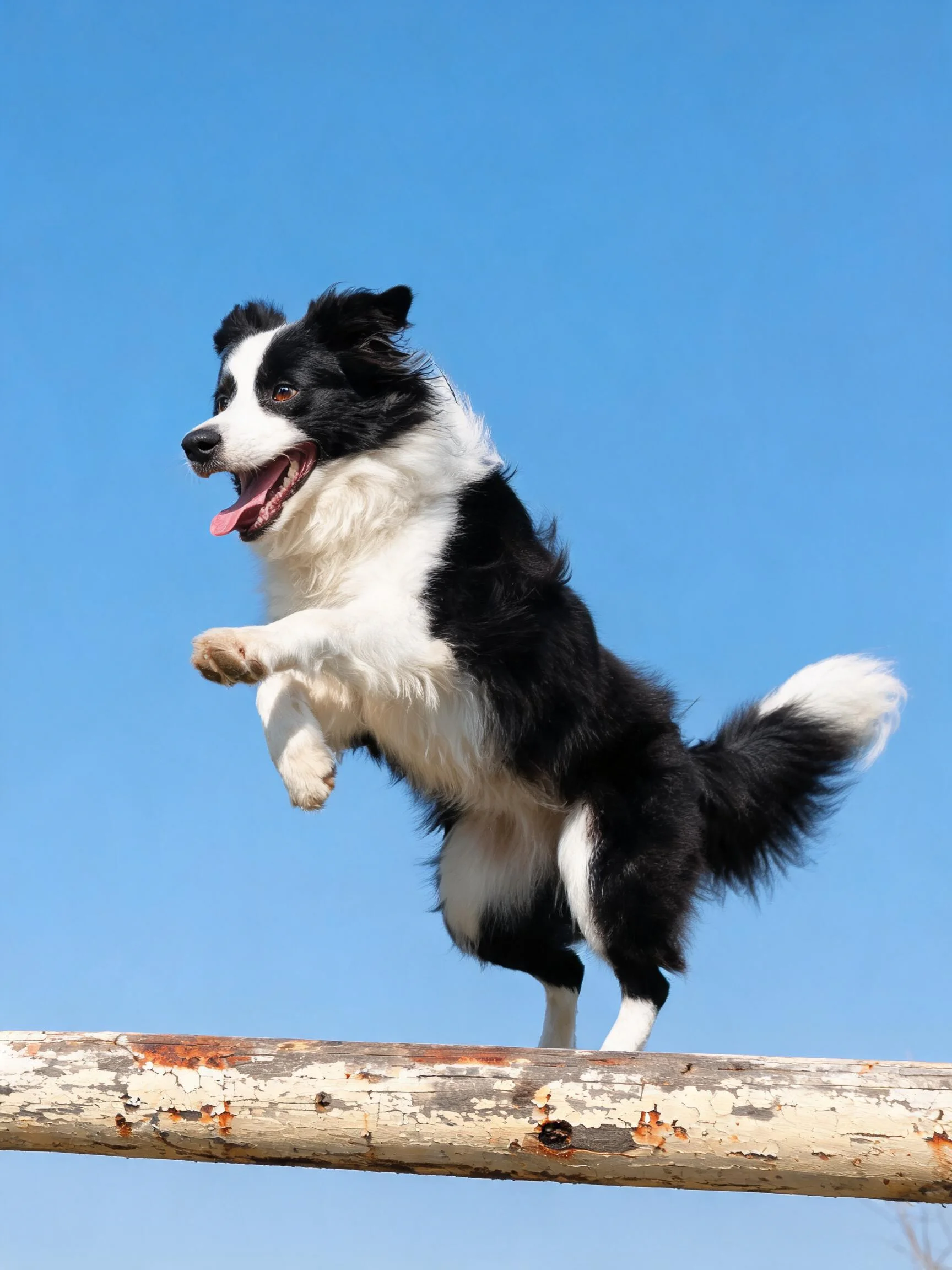 边境牧羊犬黑白相间的毛发,正在跃过一根表面有剥落漆皮的木杆。