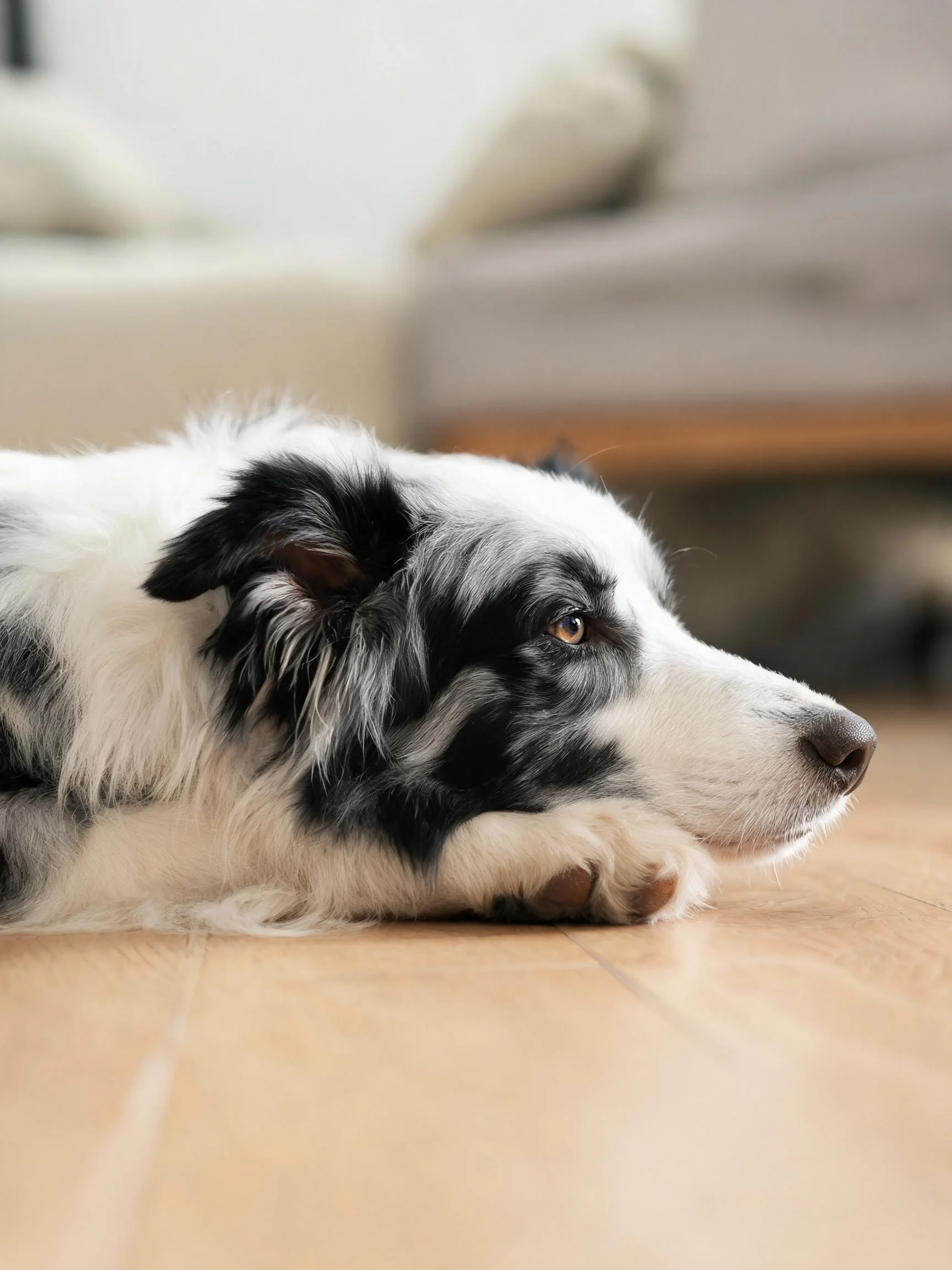 边境牧羊犬安静趴卧,黑白相间的毛发清晰可见,前爪轻放地面。