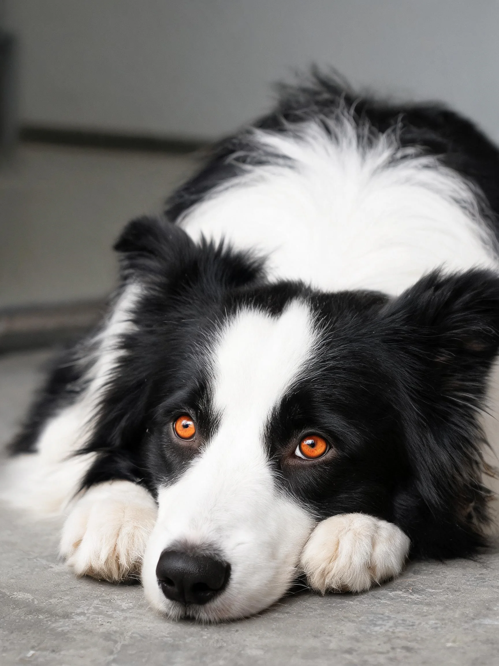 黑白边境牧羊犬趴卧在室内,橙红色眼睛明亮,黑白相间的被毛清晰可见。
