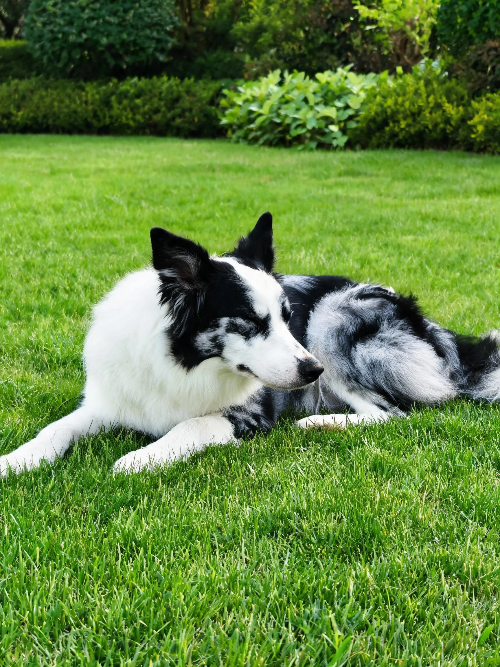 两只边境牧羊犬安静地趴在绿色草坪上,黑白相间的毛发清晰可见。