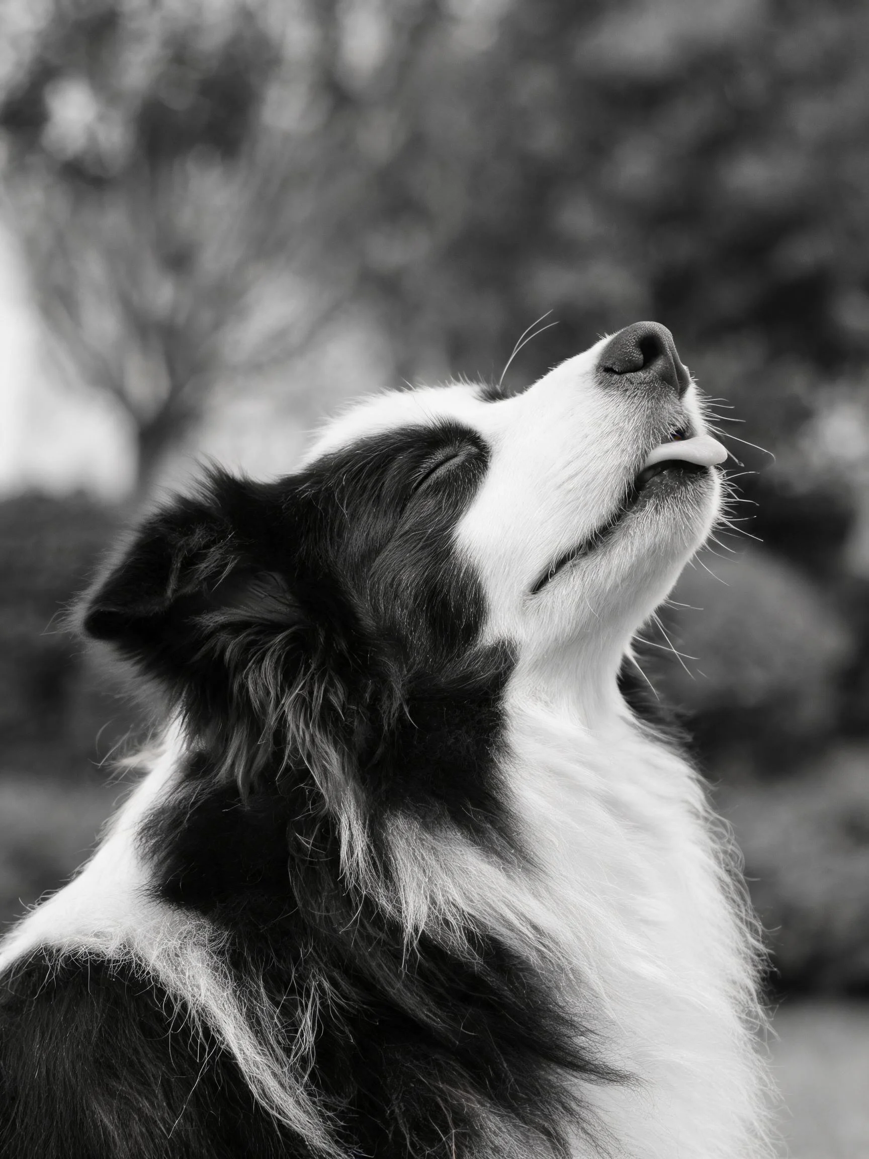 边境牧羊犬黑白毛色特写,湿润的鼻子和蓬松的毛发清晰可见。