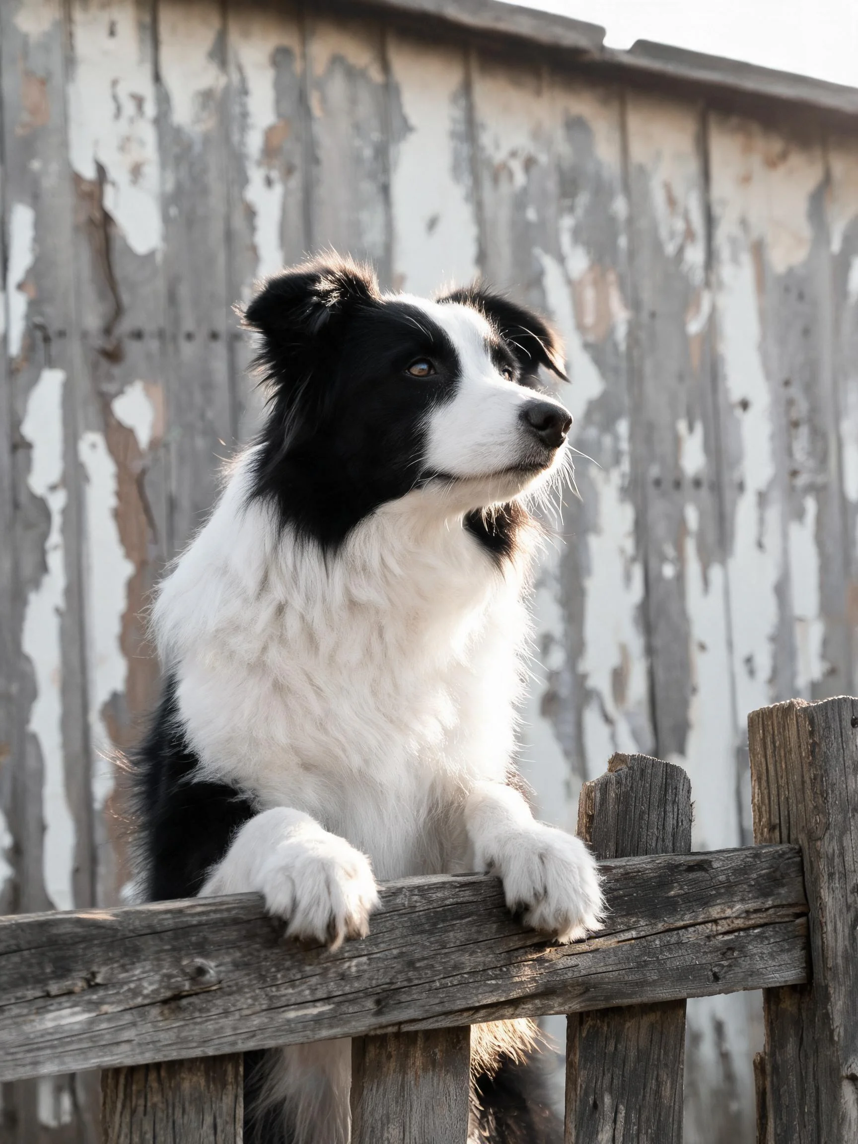 一只黑白毛色的边境牧羊犬趴在老旧木栅栏上,前爪搭在栏杆上,目光看向远方。