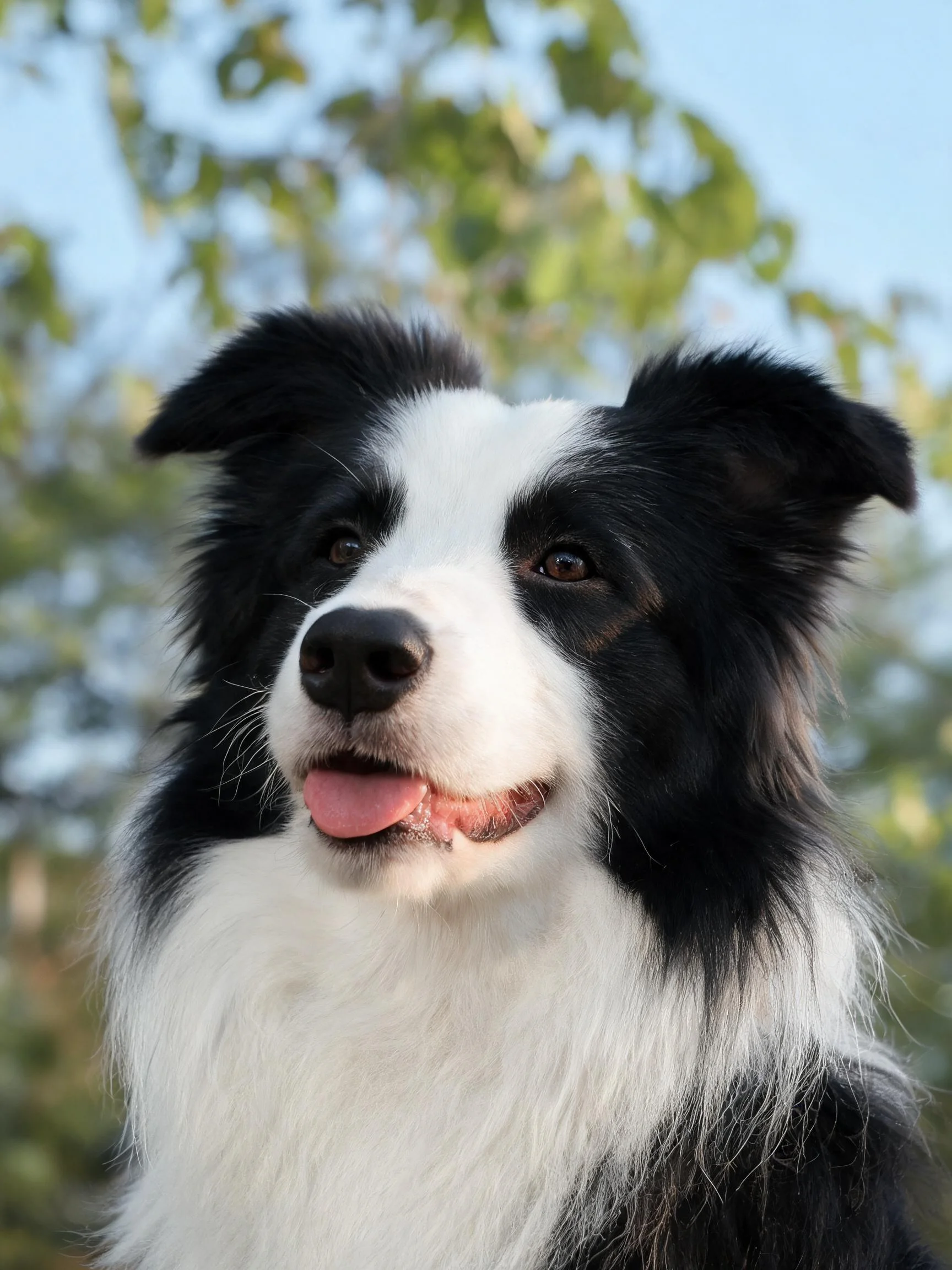 边境牧羊犬黑白相间的毛发,舌头伸出,处于户外环境。