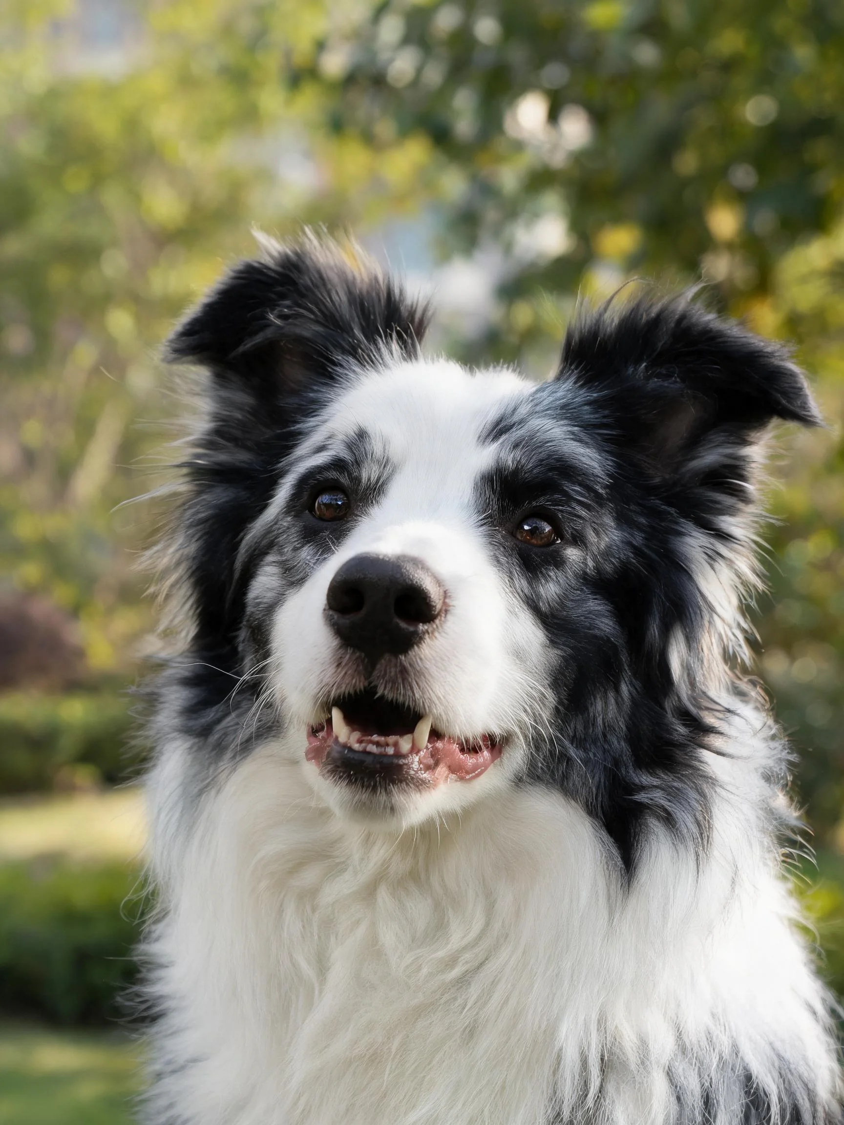 边境牧羊犬黑白相间的毛发,嘴巴张开露齿,耳朵竖起,眼神专注。