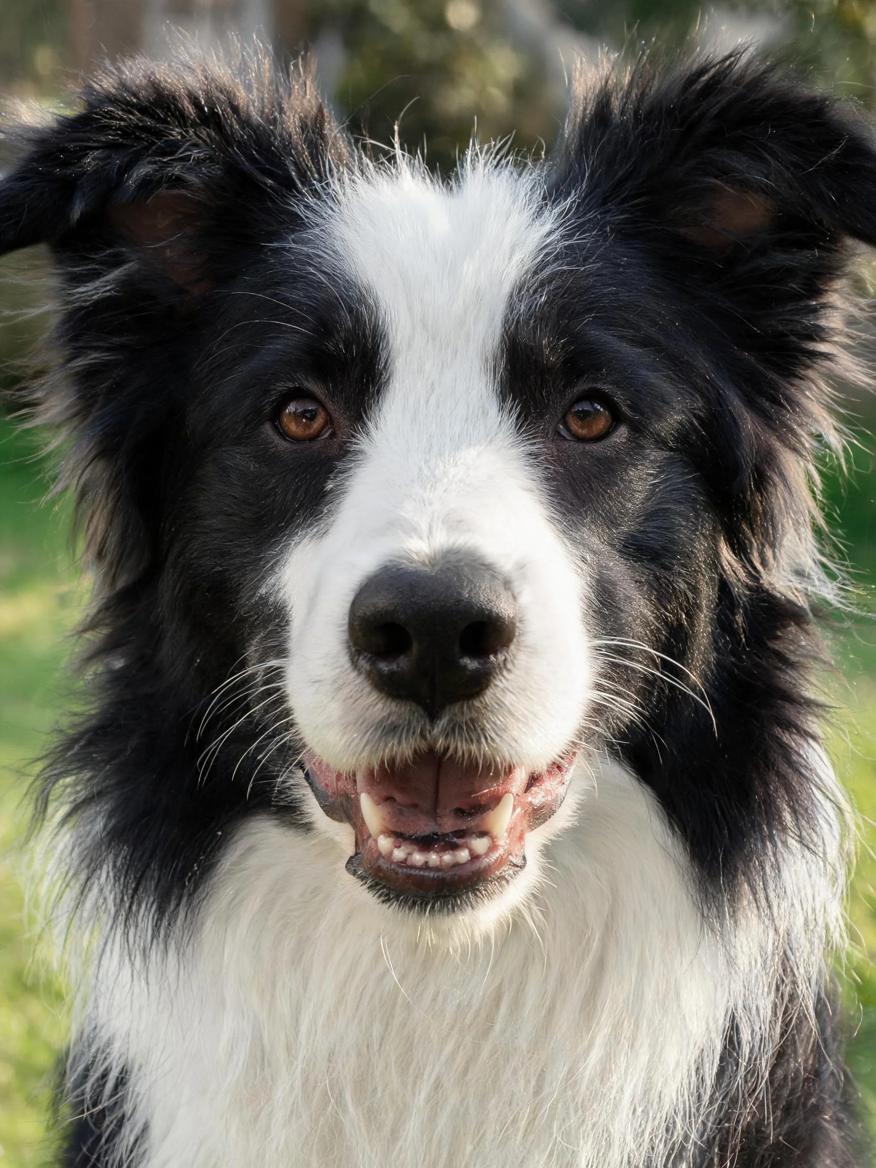 边境牧羊犬黑白相间的毛发,嘴巴微张露出牙齿,眼神专注看向镜头。