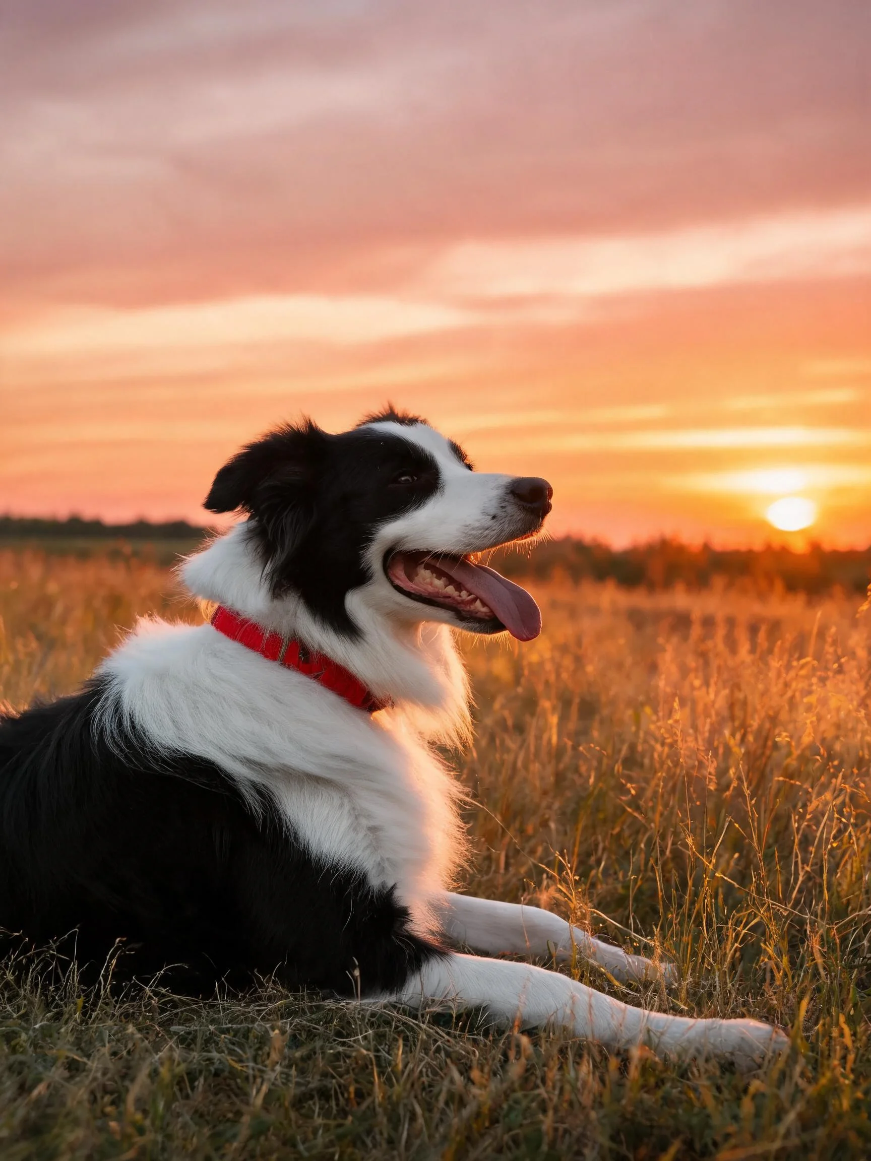 边境牧羊犬戴着红色项圈,嘴巴张开露出舌头,毛发蓬松柔软。
