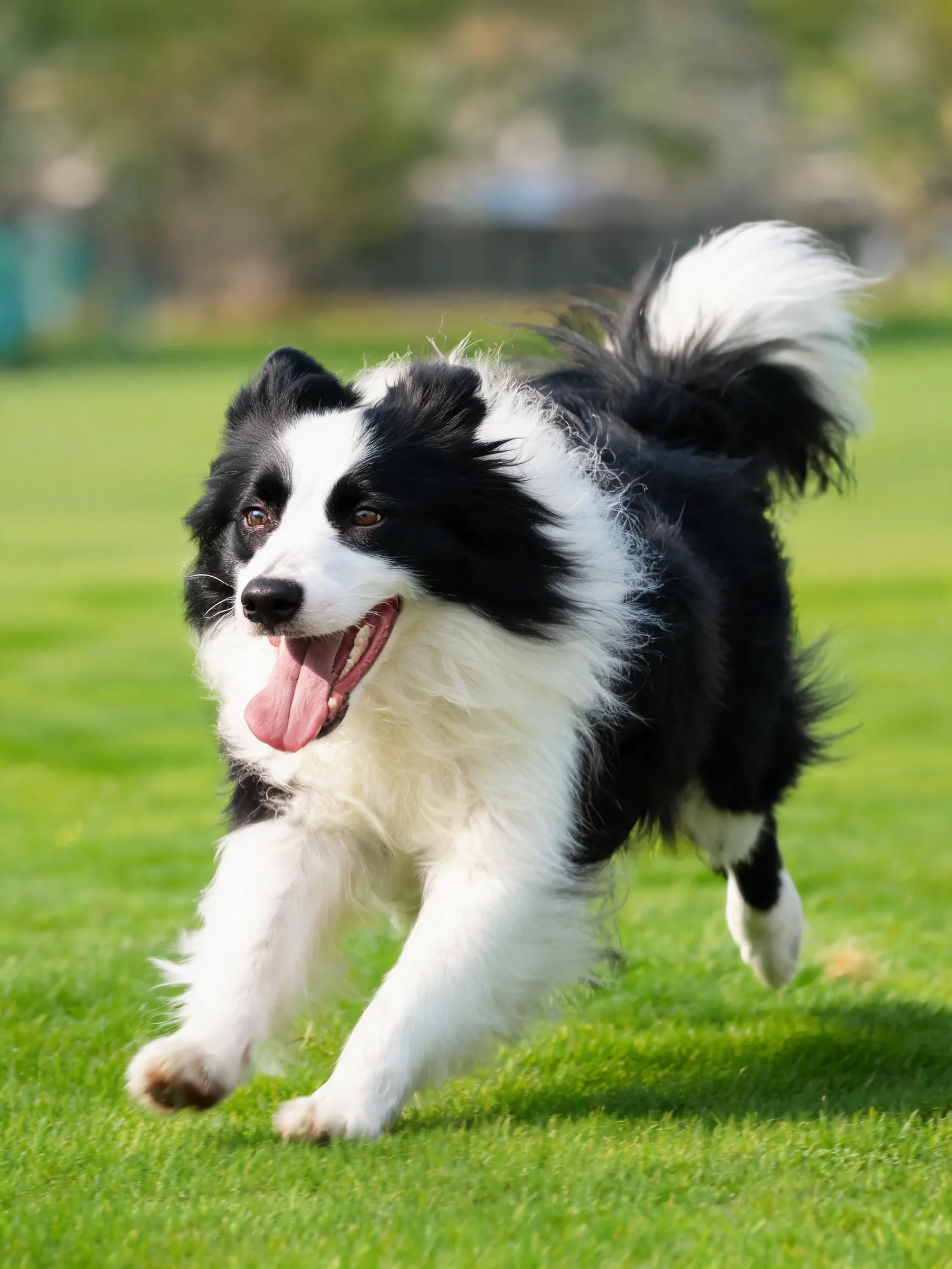 边境牧羊犬黑白相间的毛发蓬松,嘴巴张开露出粉红色的舌头。