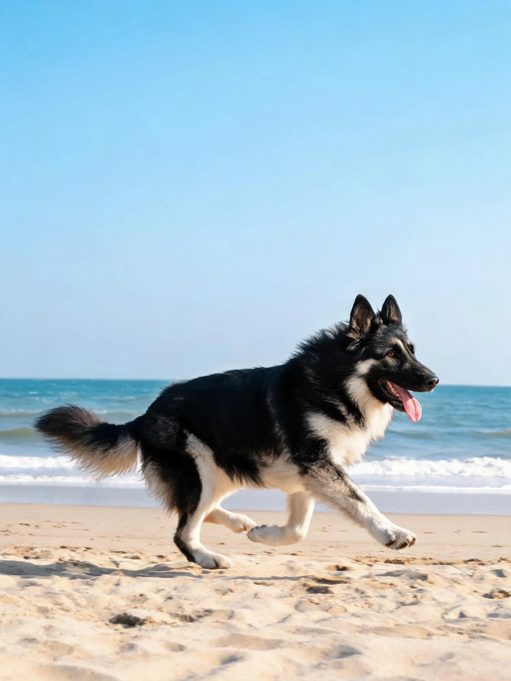 德国牧羊犬在沙滩上奔跑,黑白毛发分明,舌头外露显露出运动状态。