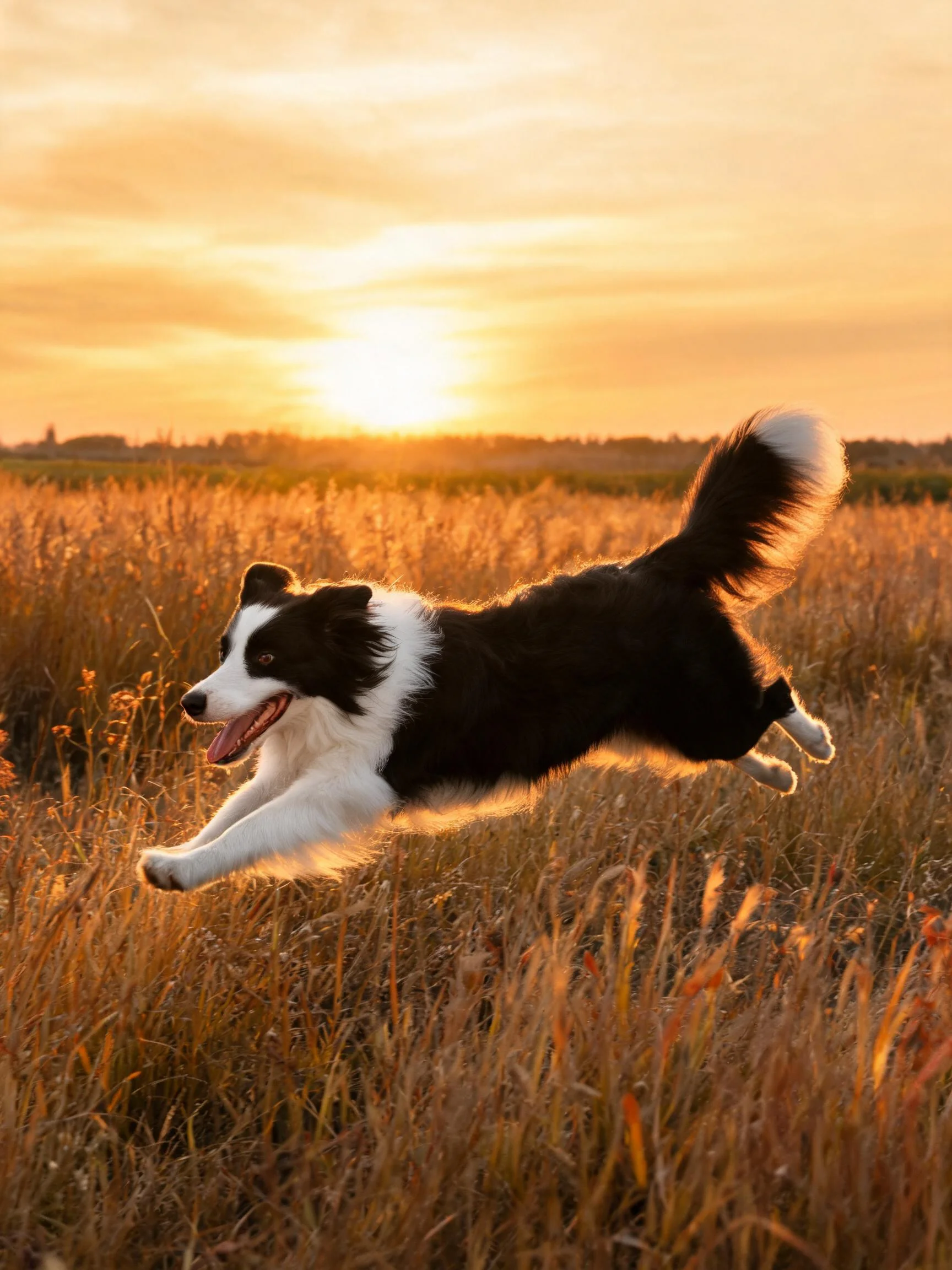 一只黑白相间的边境牧羊犬在夕阳下腾空跃起的瞬间,毛发蓬松且富有动感。