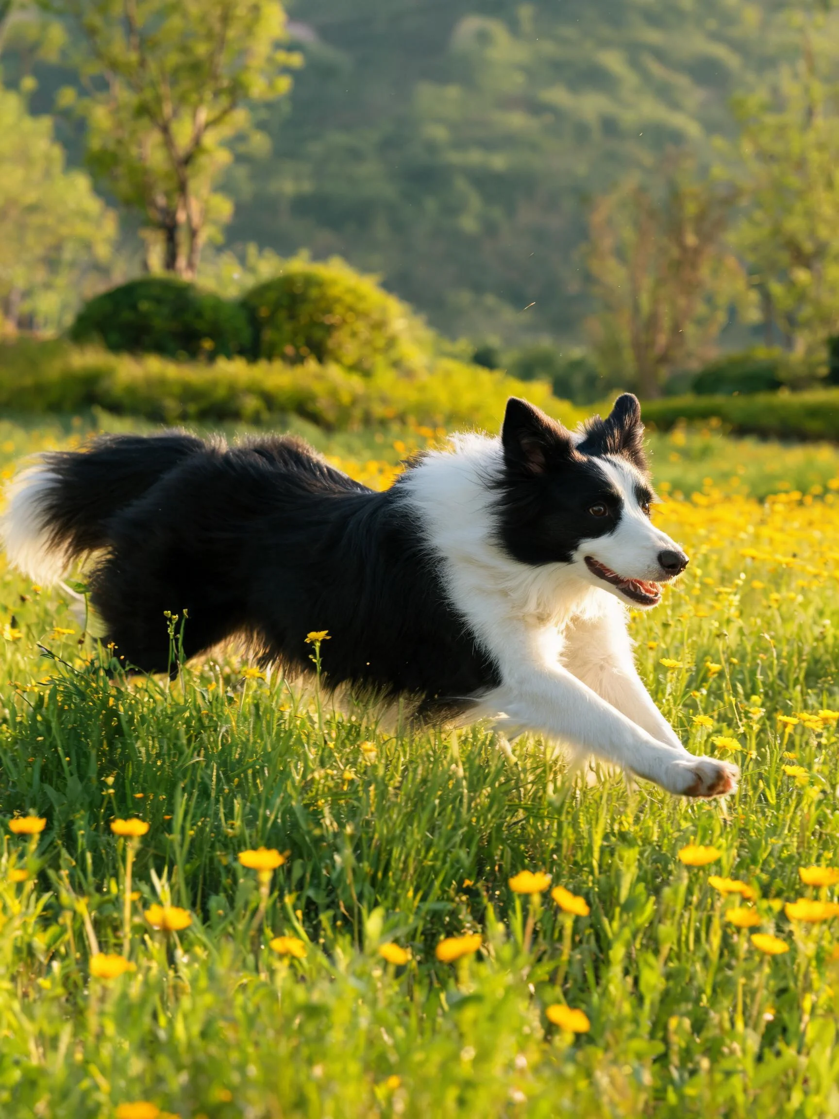 黑白边境牧羊犬在阳光明媚的草地上奔跑,毛发蓬松且有光泽。