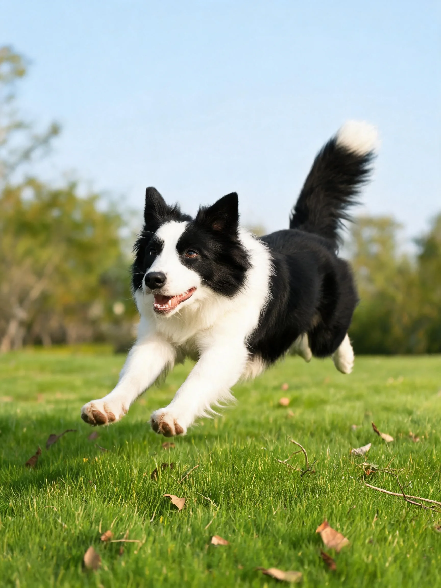 边境牧羊犬黑白相间的被毛在阳光下清晰可见,四肢伸展呈现出奔跑时的动态姿态。