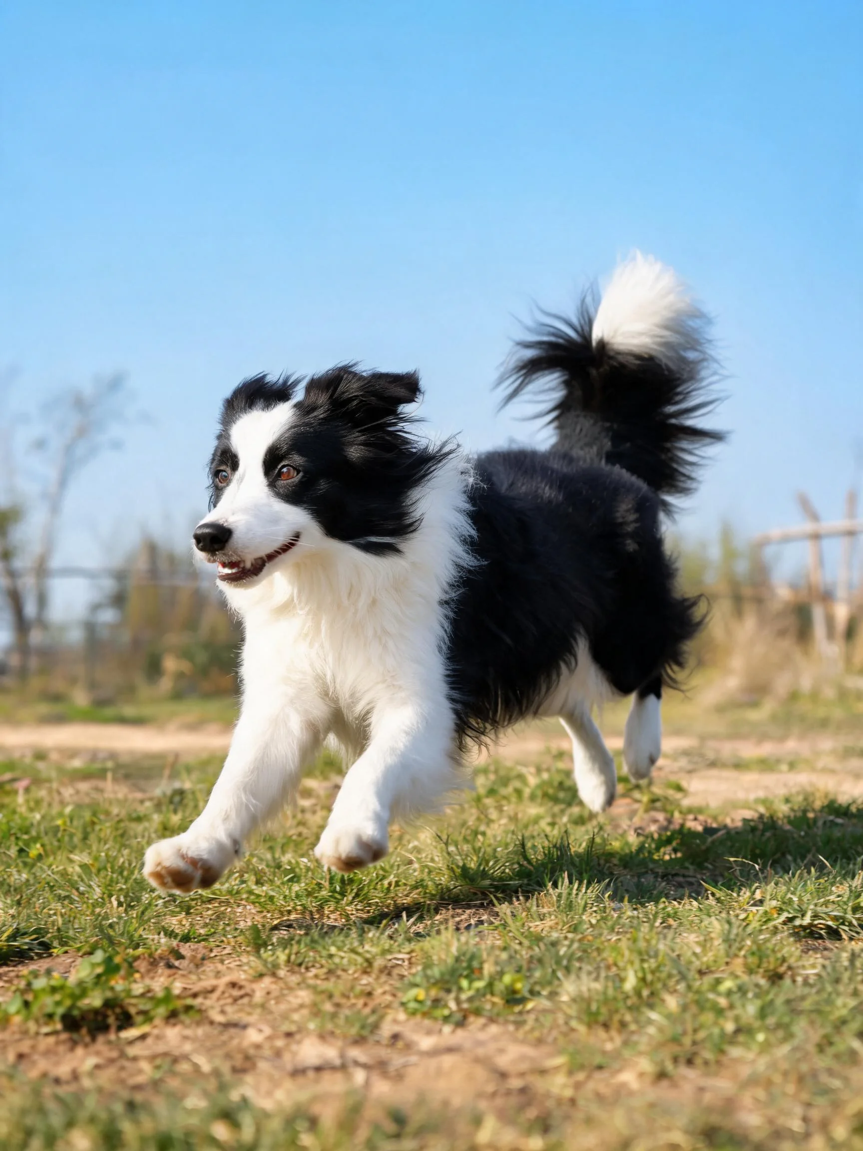 边境牧羊犬在草地上奔跑,黑白相间的毛发清晰可见,前爪向前伸展的姿态明显。