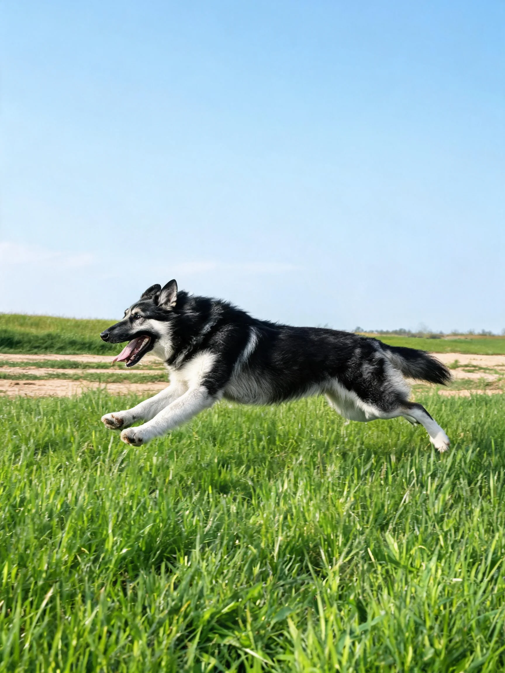 一只黑白相间的德国牧羊犬在绿色草地上奔跑,四肢伸展,嘴巴张开露出舌头。