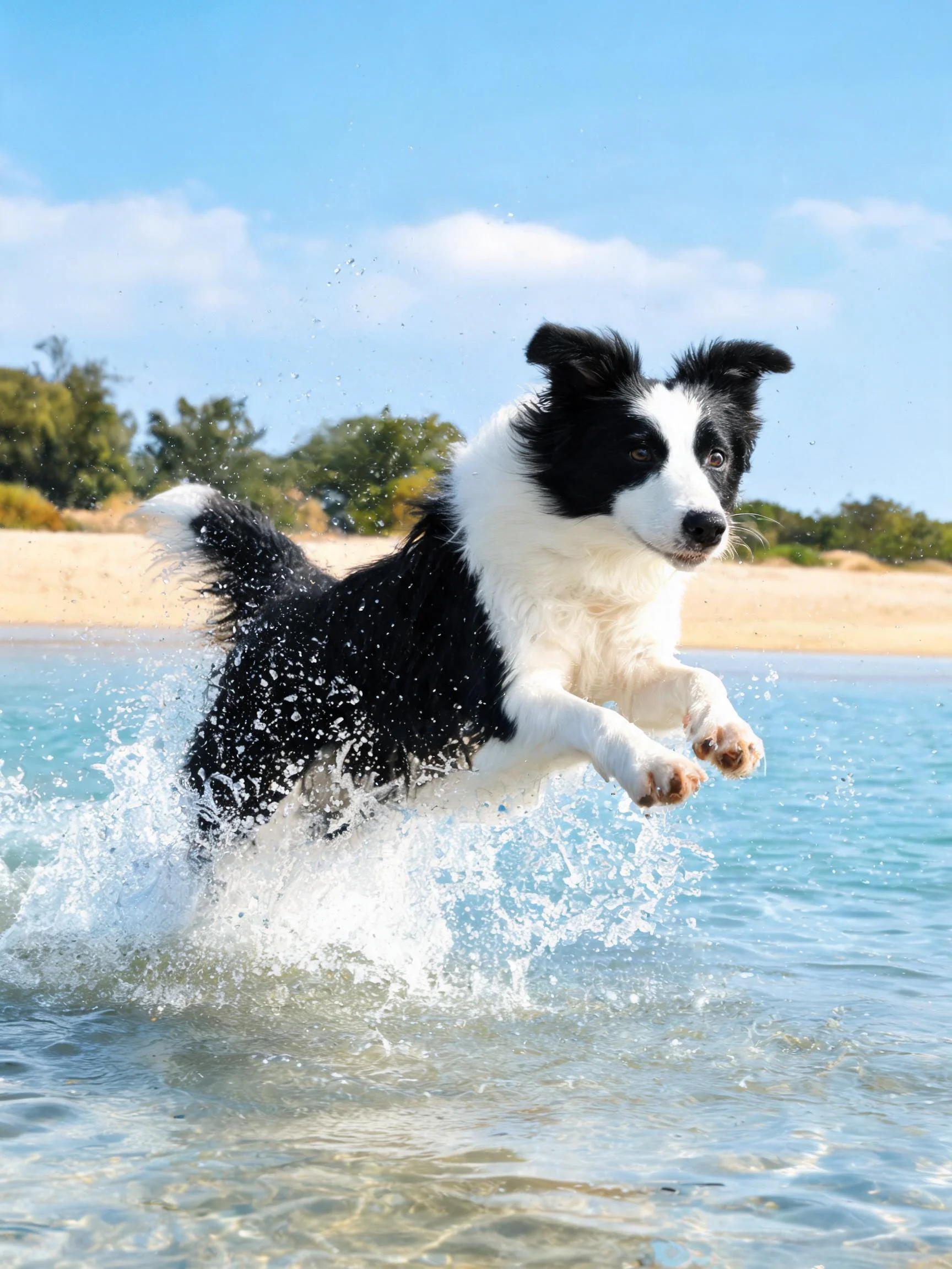 边境牧羊犬黑白皮毛沾满水花,在海滩水域中跃起瞬间。