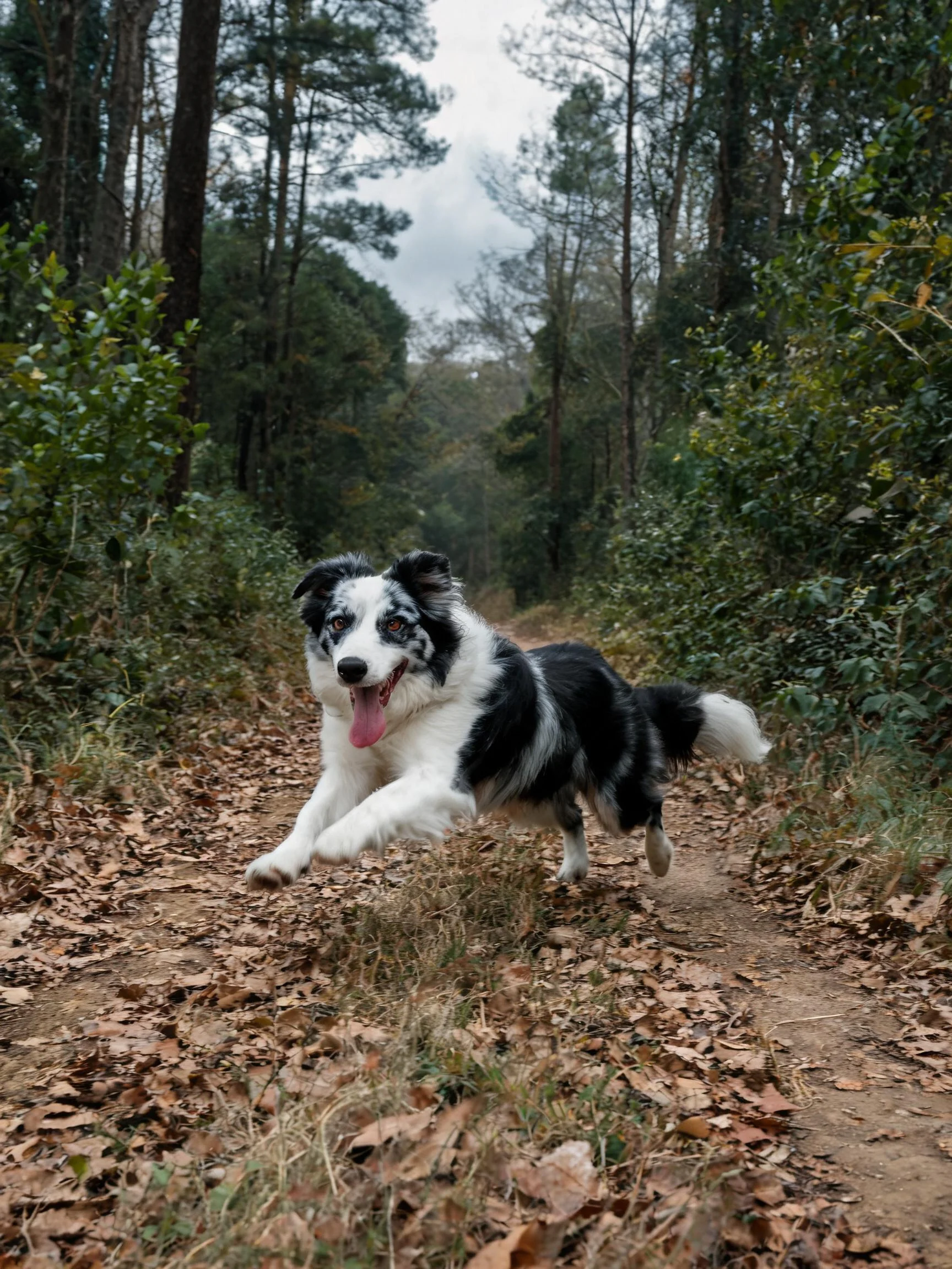 黑白边境牧羊犬在森林小径上奔跑,黑白相间的被毛清晰可见,四肢有力地向前伸展。