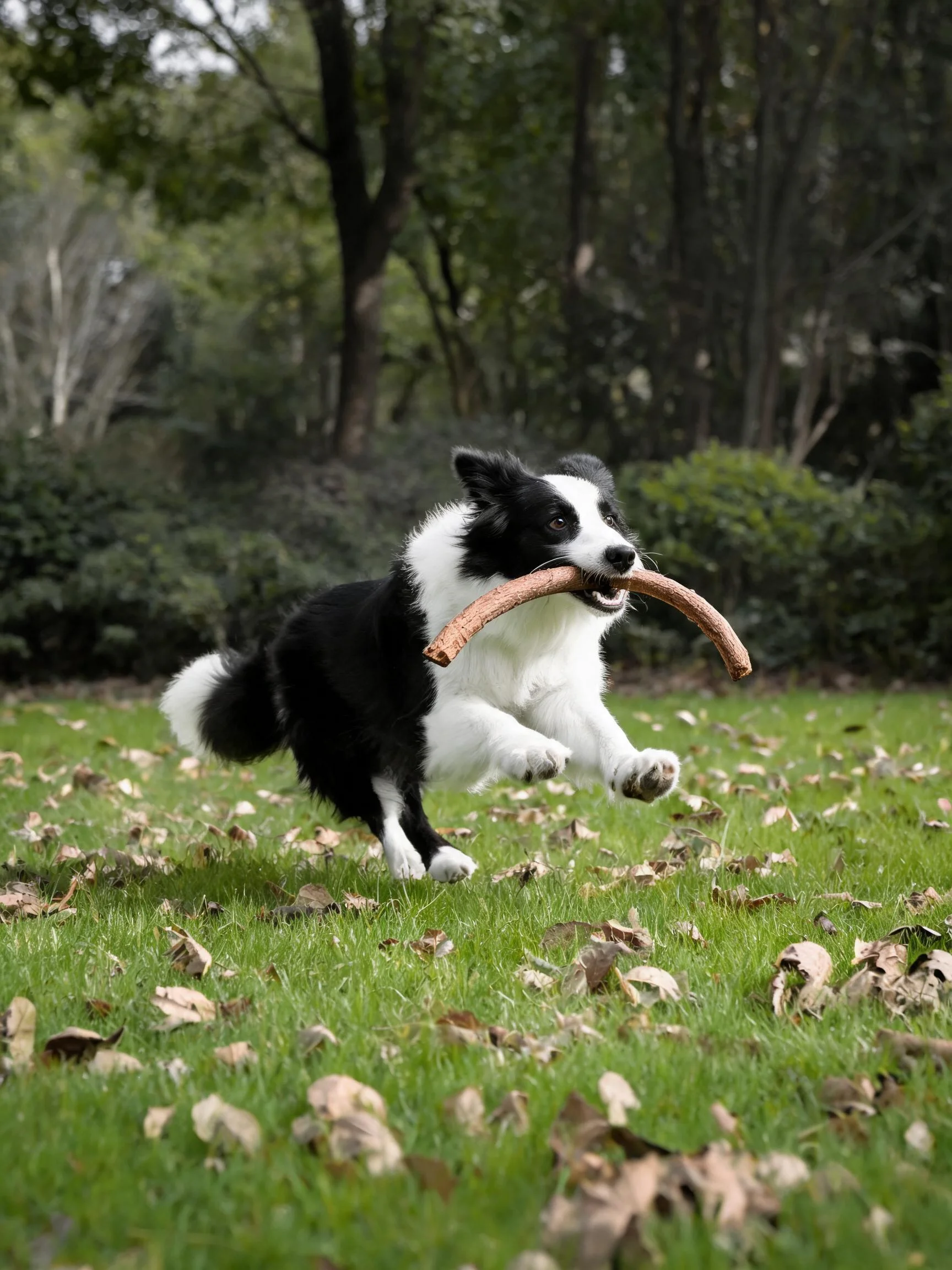 边境牧羊犬叼着粗壮木棍奔跑,黑白相间的毛发在运动中显得格外精神。