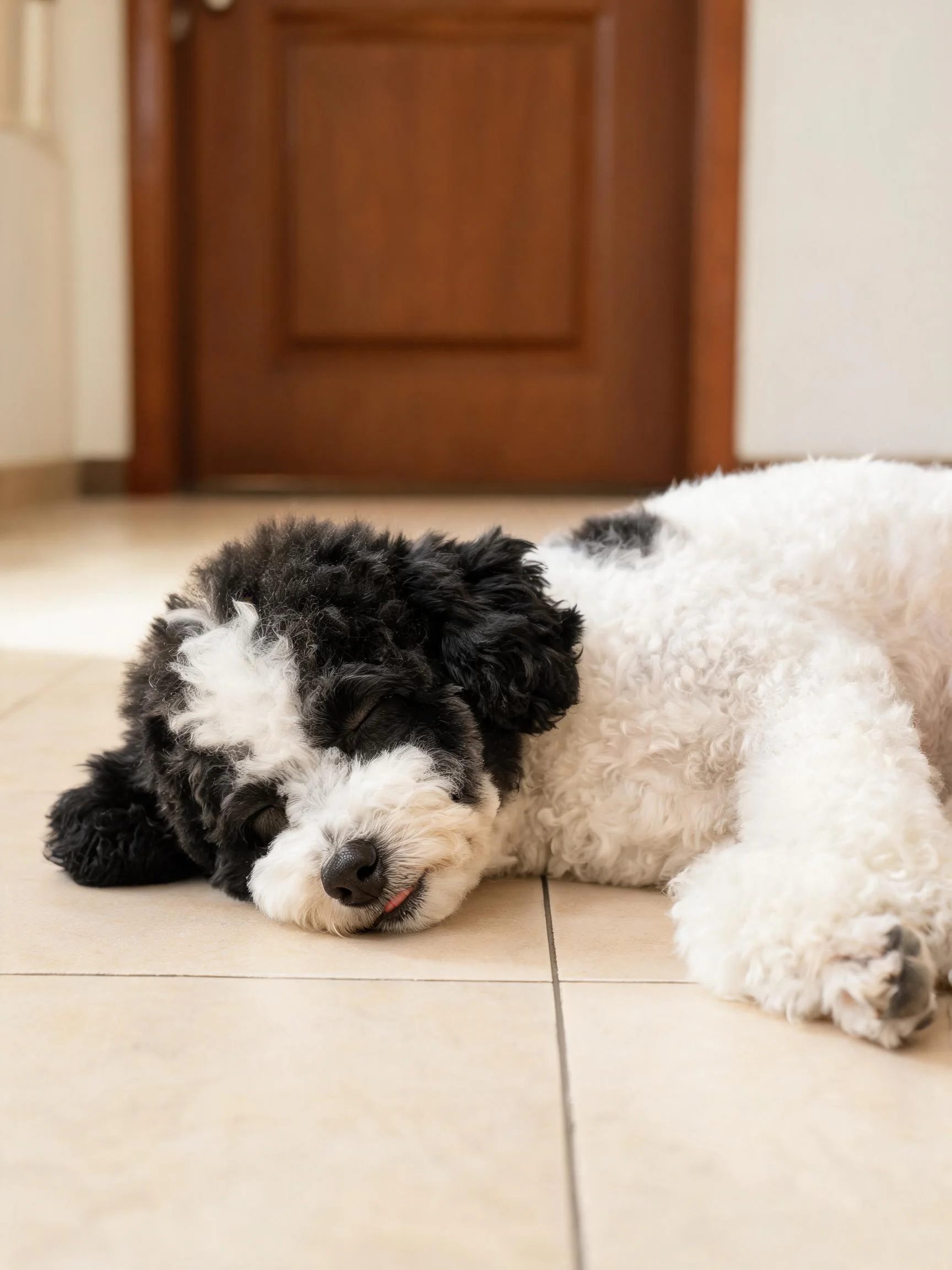 一只卷毛混种犬黑白双色毛发,正躺卧在瓷砖地面上休息。