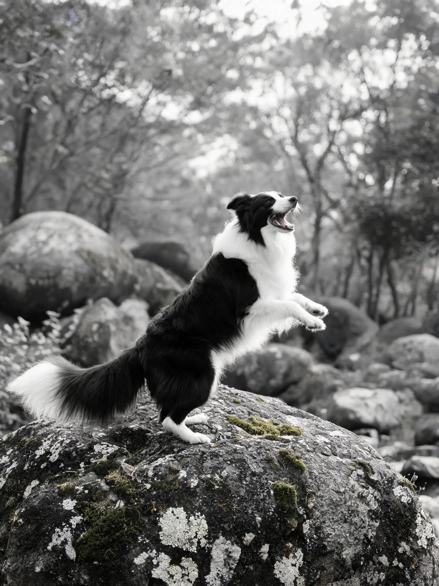 黑白相间的边境牧羊犬站在长有苔藓的岩石上,嘴巴张开呈现吠叫姿态。