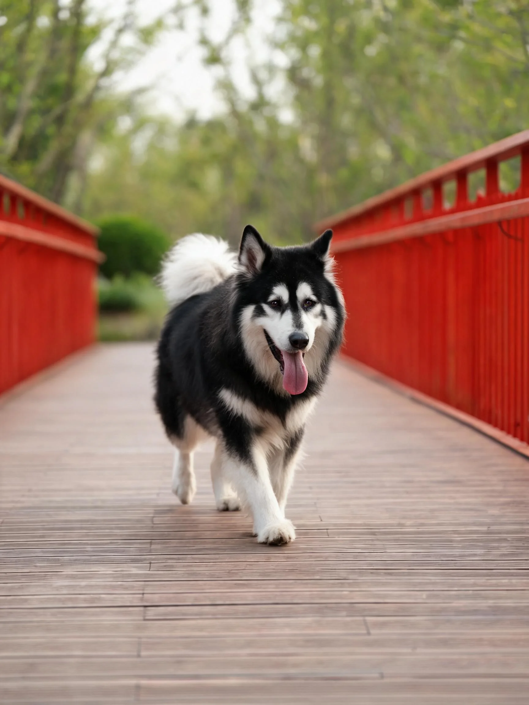 黑白哈士奇犬在红栏杆木桥上行走,舌头微微伸出,毛发蓬松有光泽。