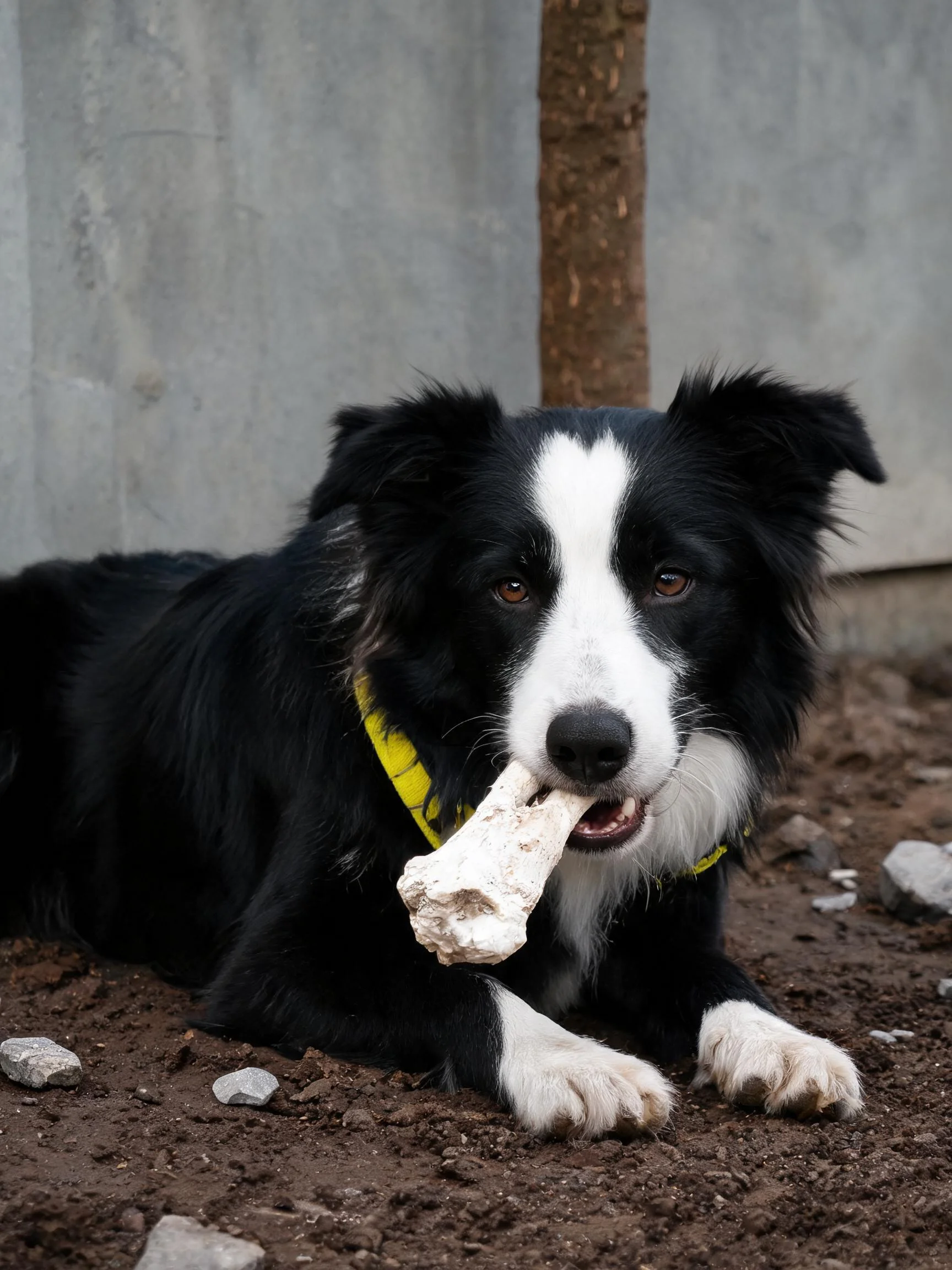 边境牧羊犬嘴里叼着一块较大的骨头,黑白相间的面部特征清晰可见。