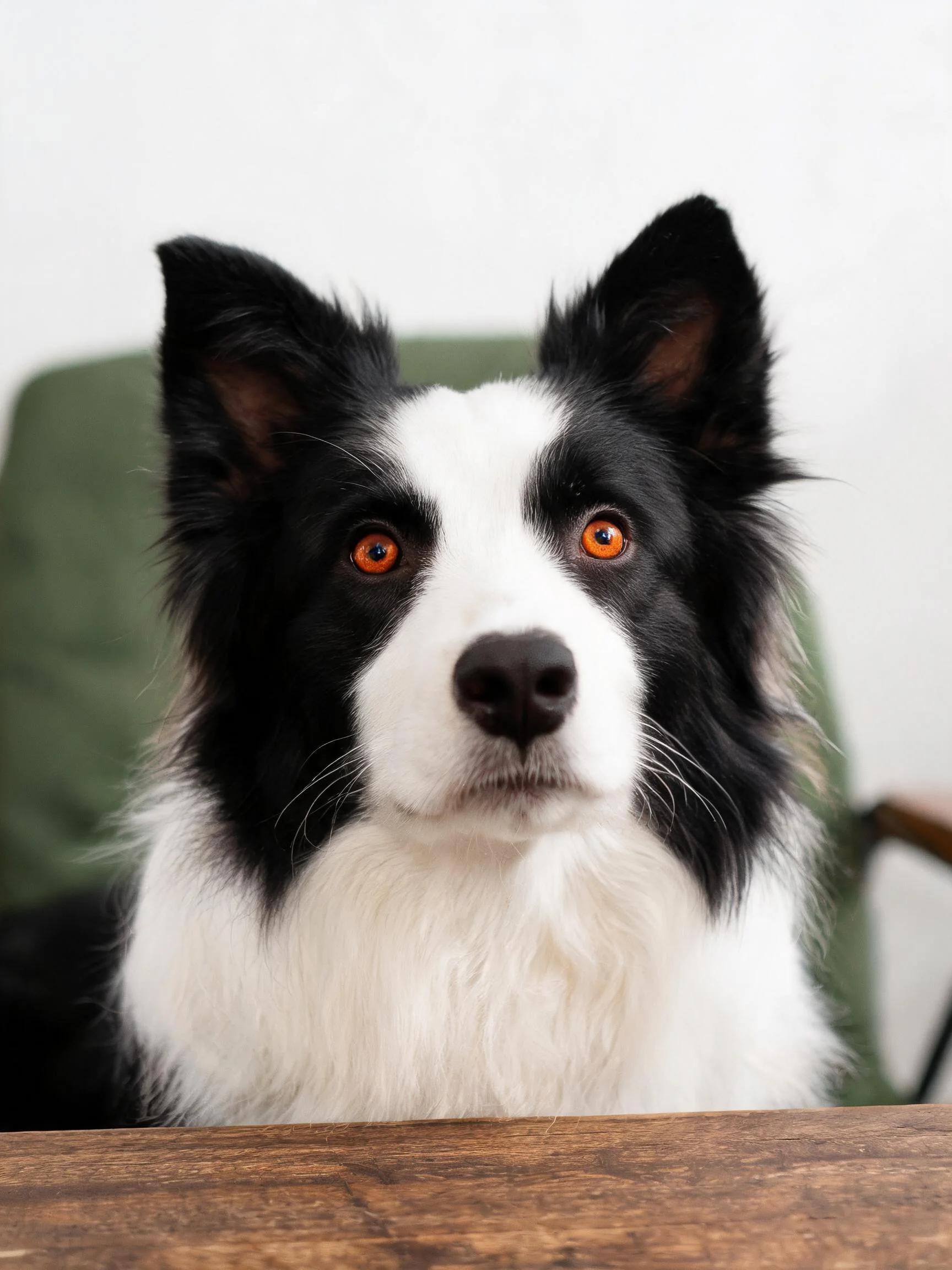 一只黑白毛色的边境牧羊犬正专注凝视镜头，它那橙红色眼睛明亮清澈。