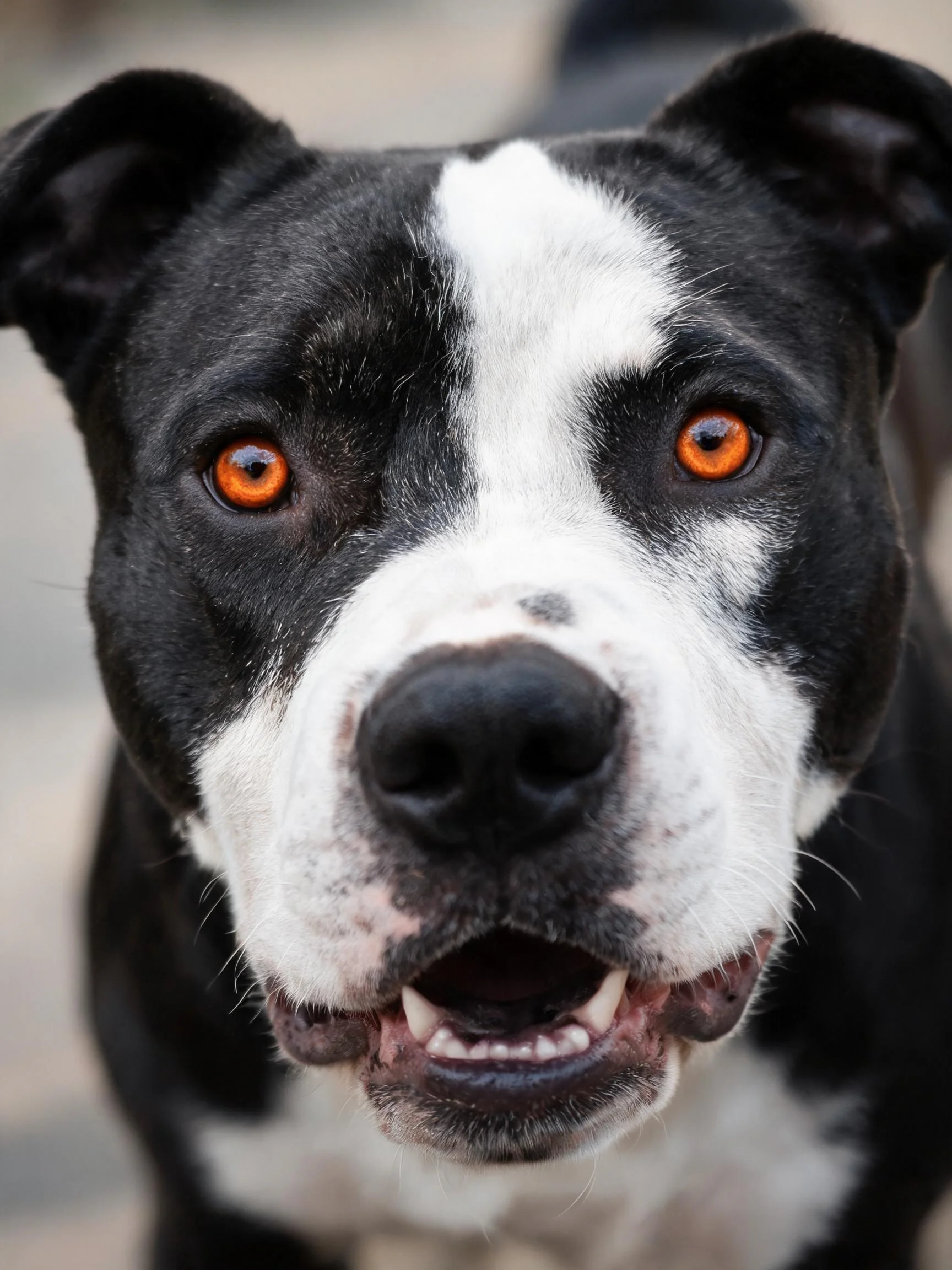 一只黑白斑纹的宾莎犬，橙红色眼睛明亮有神，黑白相间的毛发清晰可见。