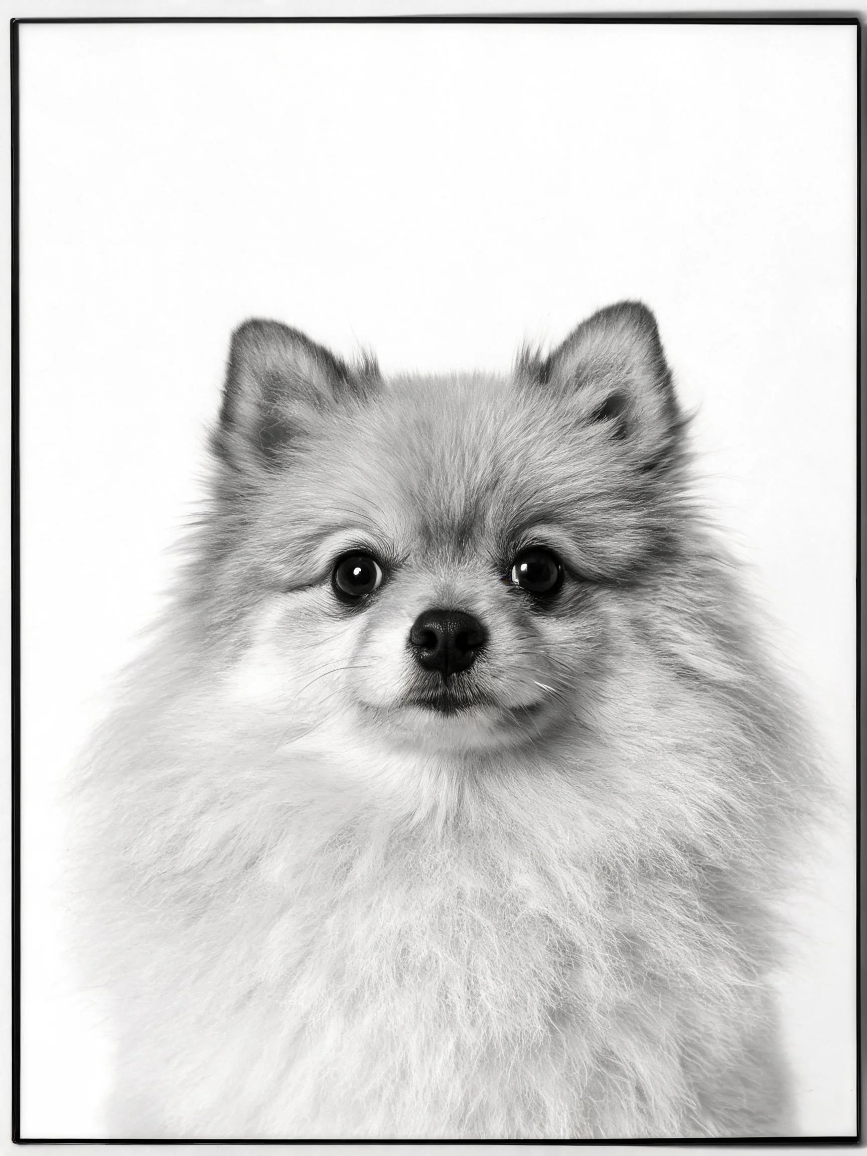 博美犬有着明亮清澈的眼睛和蓬松柔软的白色毛发,鼻尖乌黑,面部神态安静友善。