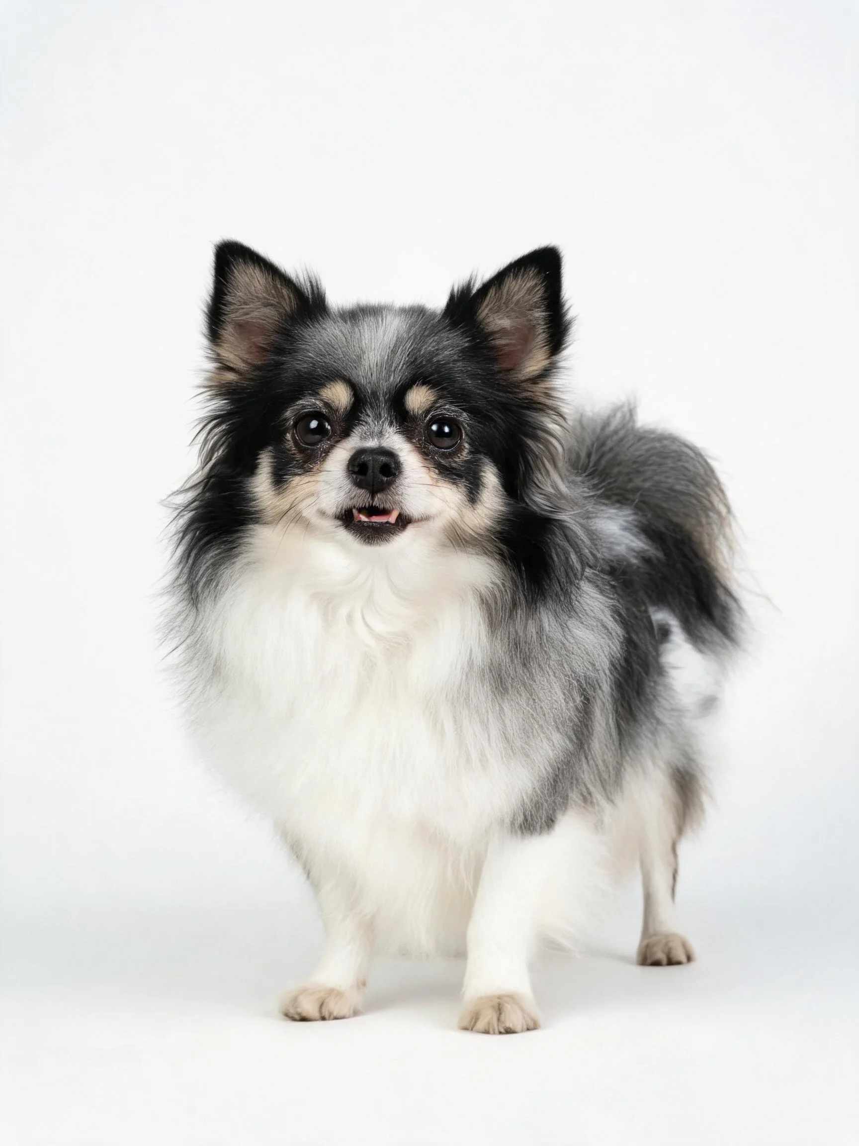 黑灰白三色长毛吉娃娃犬站在白色背景前，蓬松柔软的毛发覆盖全身，眼睛明亮注视前方。