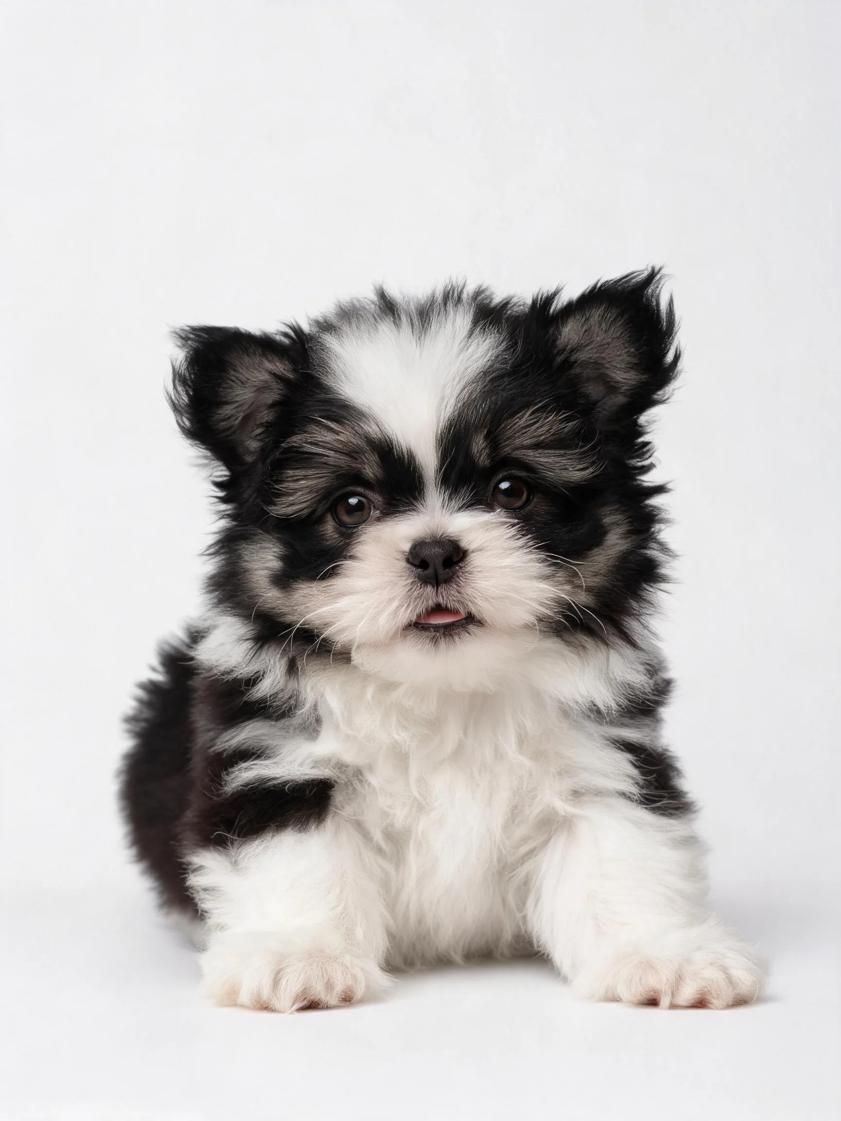 西施幼犬黑白相间的毛发清晰可见,眼睛明亮注视前方。