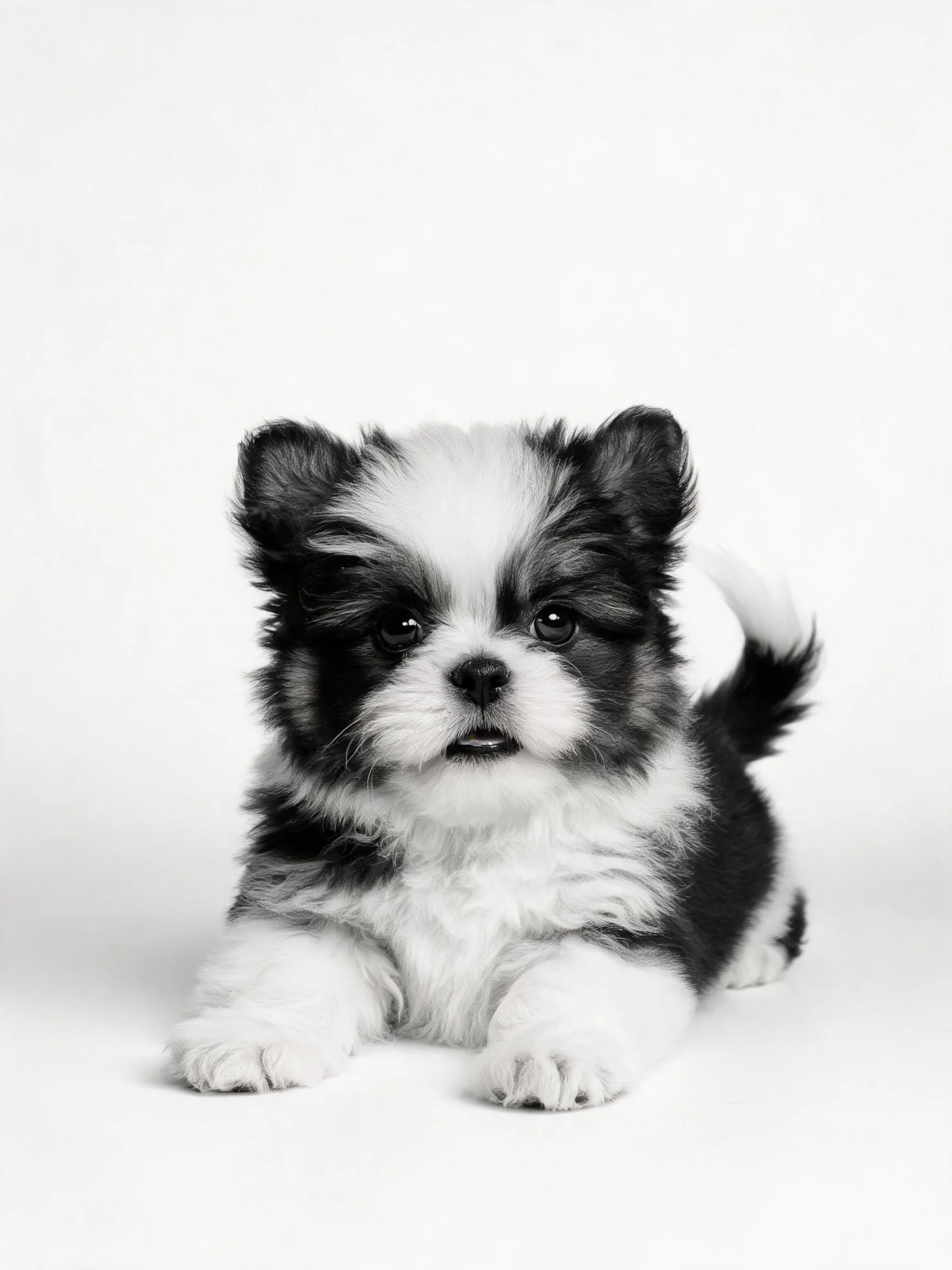 一只黑白相间的西施幼犬,眼睛明亮,毛发蓬松,趴在白色背景上。